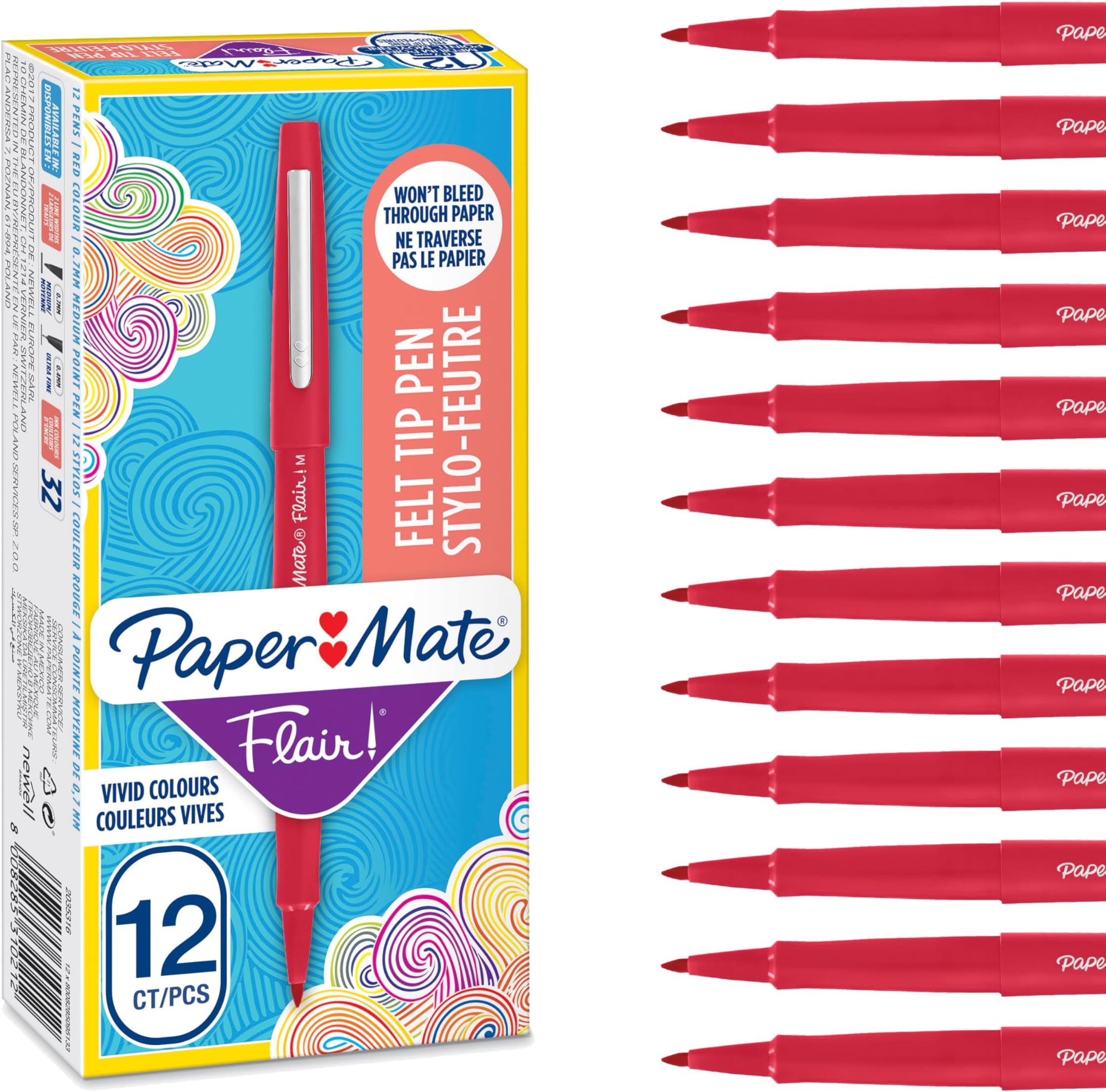 Paper Mate Flair Felt Tip Pens | Medium Point (0.7 mm) Marker Pens | Red Pens | For WritingMarkingDrawing & Sketching | 12 Count