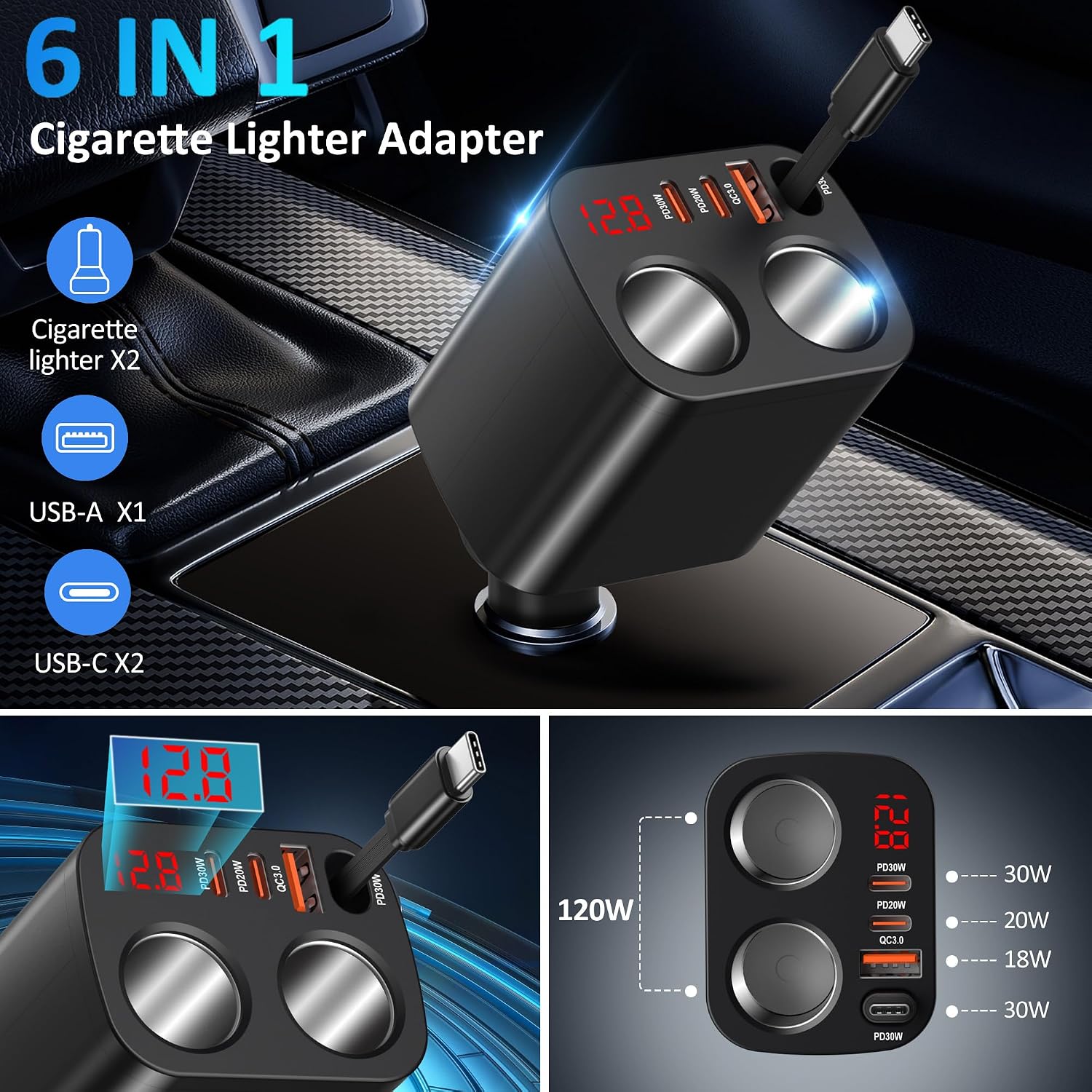 200W 6 in 1 Cigarette Lighter Splitter,PD 30W/QC3.0 Fast Car Charger with Voltmeter Display,12V/24V Cigarette Lighter Adapter with Dual Socket for Dash Cam/iPhone/Galaxy Android Phone