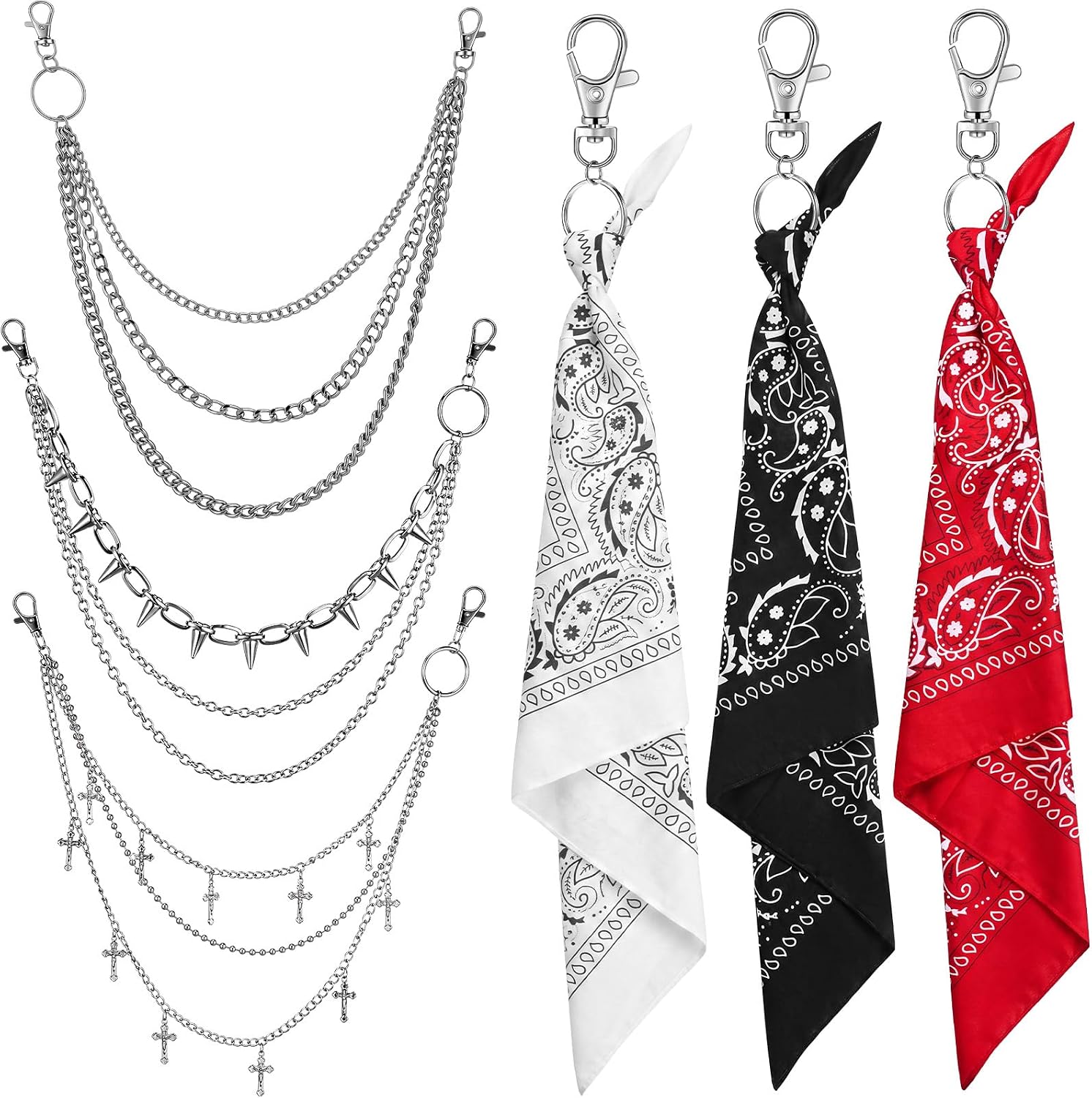 Kingdder 6 Pcs Western Hip Hop Pants Chain Paisley Bandana Keychain Set