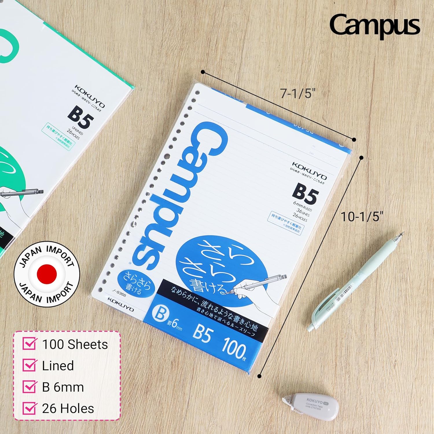 Kokuyo Campus Loose Leaf Paper for Binders, Sarasara Smooth Writing, B5, B 6mm Ruled, 26 Holes, 36 Lines, 100 Sheets, pH Neutral, Bleed Resistant, 75gsm, Pack of 5, Japan Import (NO-836BN)