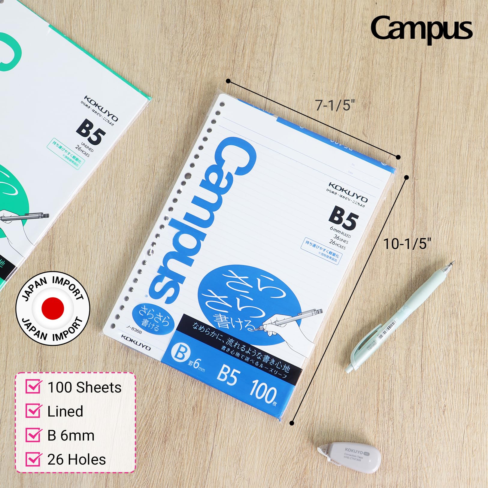 Kokuyo Campus - Papel de hojas sueltas para carpetas, escritura suave Sarasara, B5, B rayado de 6mm, 26 agujeros, 36 líneas, 100 hojas, pH neutro, resistente al sangrado, 75 g/m², paquete de 5