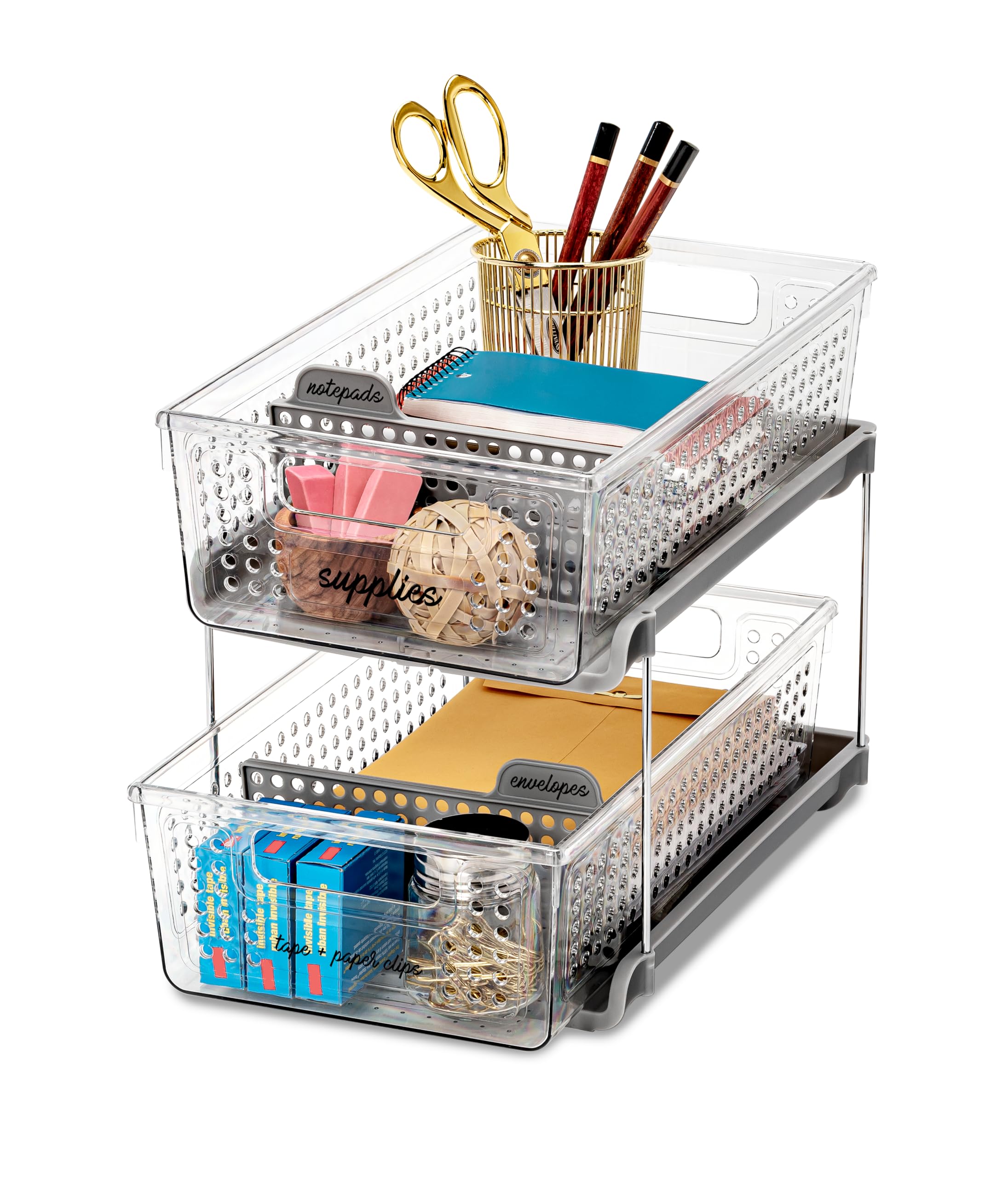 madesmart 2-Tier Organizer Multi-Purpose Slide-Out Storage with Handles and Dividers for Home and Bath, BPA Free, Pack of 1, Clear