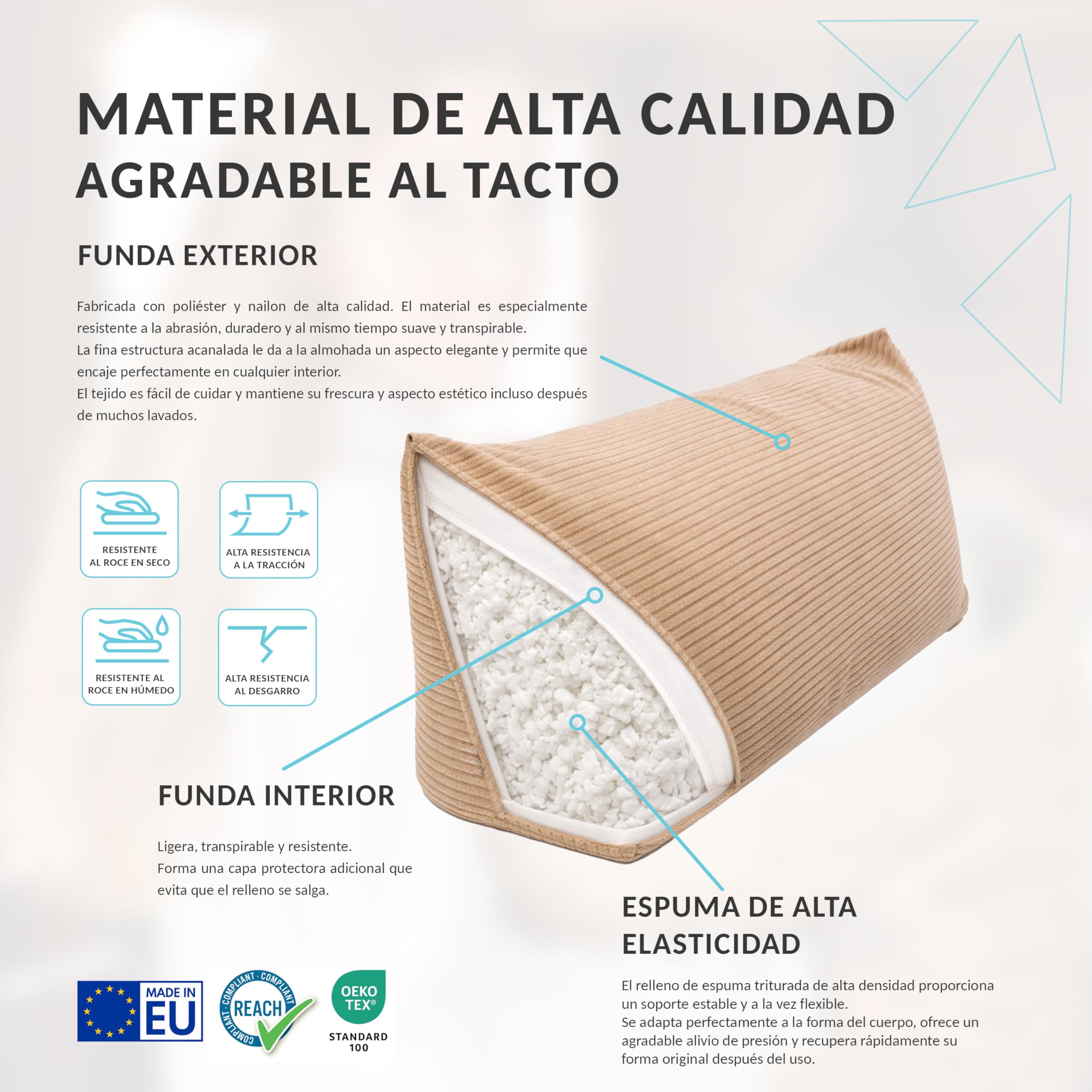 POKAR Almohada Lectura Cuña 160x50x20 cm | Cojín Respaldo para Cama y Sofá con Apoyo Espalda | Cojín Lumbar con Funda de Pana Suave y Bolsillos Laterales | Certificado Öko Tex | Caqui