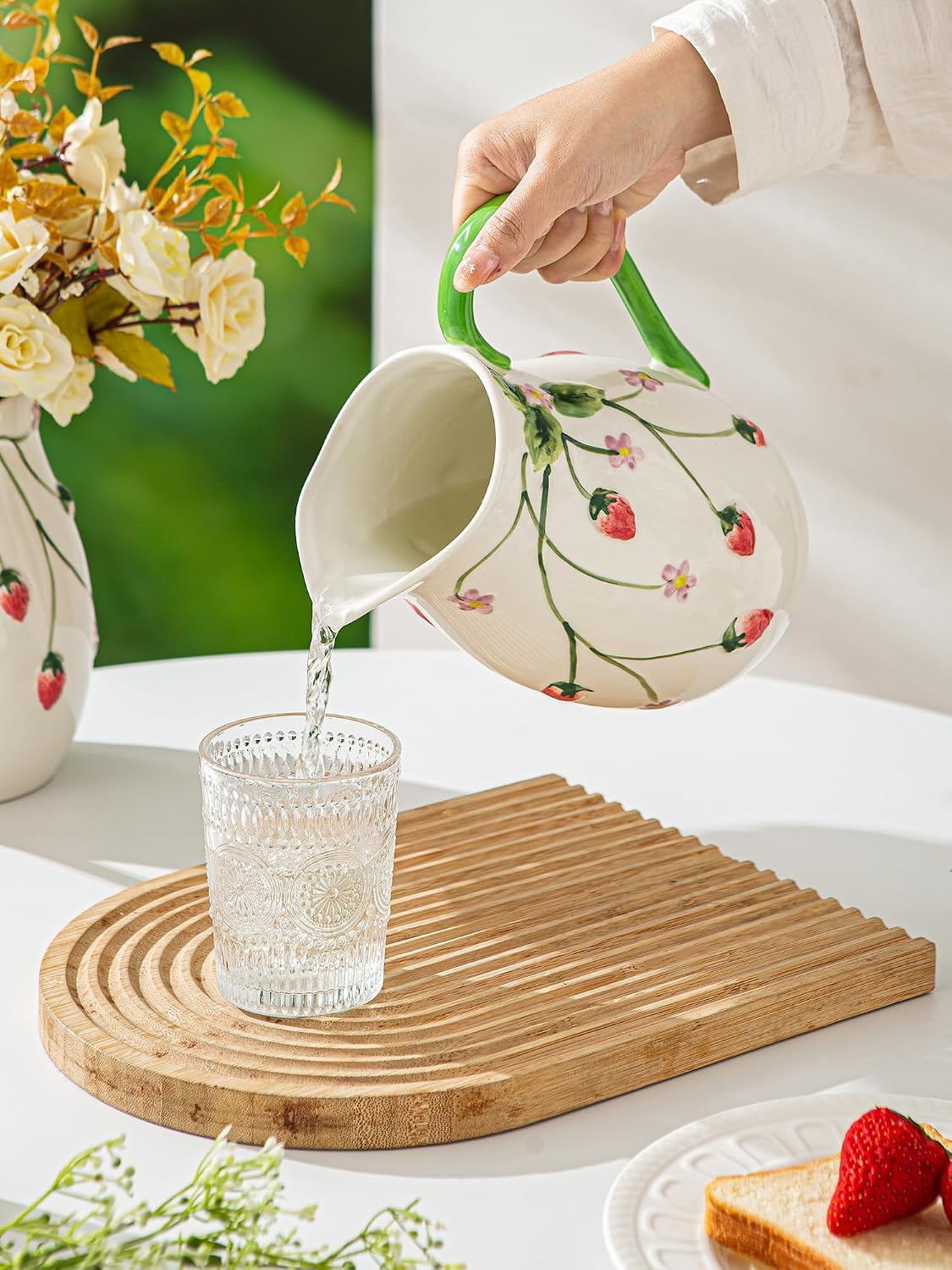 Strawberry Summer Pitcher Vase with Handle, Artisanal Handmade | Ceramic Farmhouse Floral Jug with Handle, Country Vase for Home Decor, Utensil Holder, 1.6 Quarts