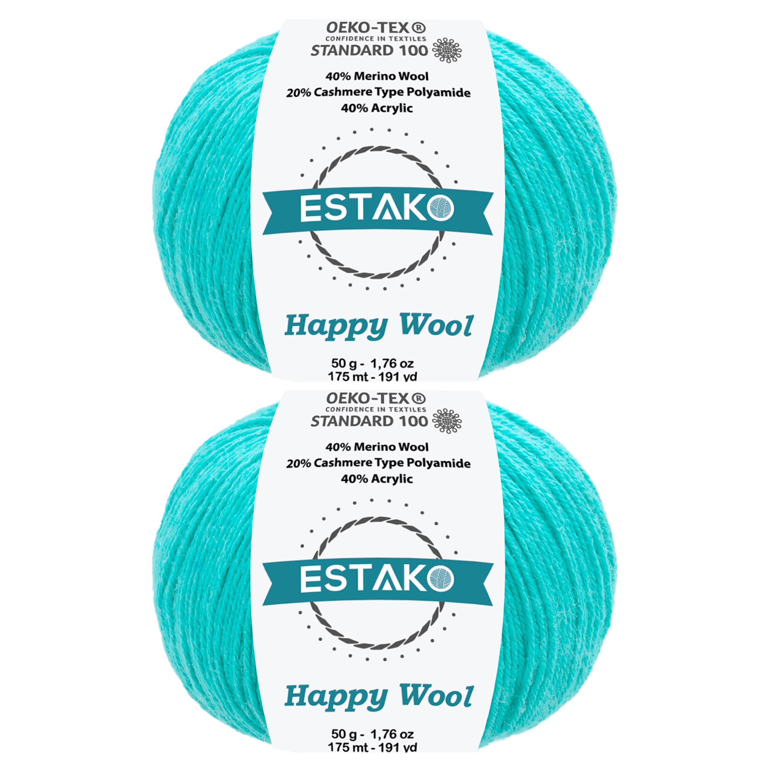 Estako Happy Wool (2 Skeins Pack) 40% Merino Wool 20% Cashmere Type Polyamide 40% Acyrlic Fingering Weight Soft Knitting and Crochet Yarn (2 x 1.76 oz) (2 x 191 yds) (8032 - Turquoise)