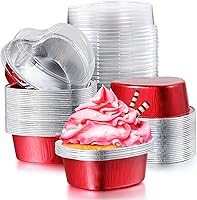 Vista 1 de Patelai 100 juegos de moldes para pasteles en forma de corazón con tapas, 3.4 fl oz/3.4 onzas, moldes de aluminio para magdalenas, desechables, mini