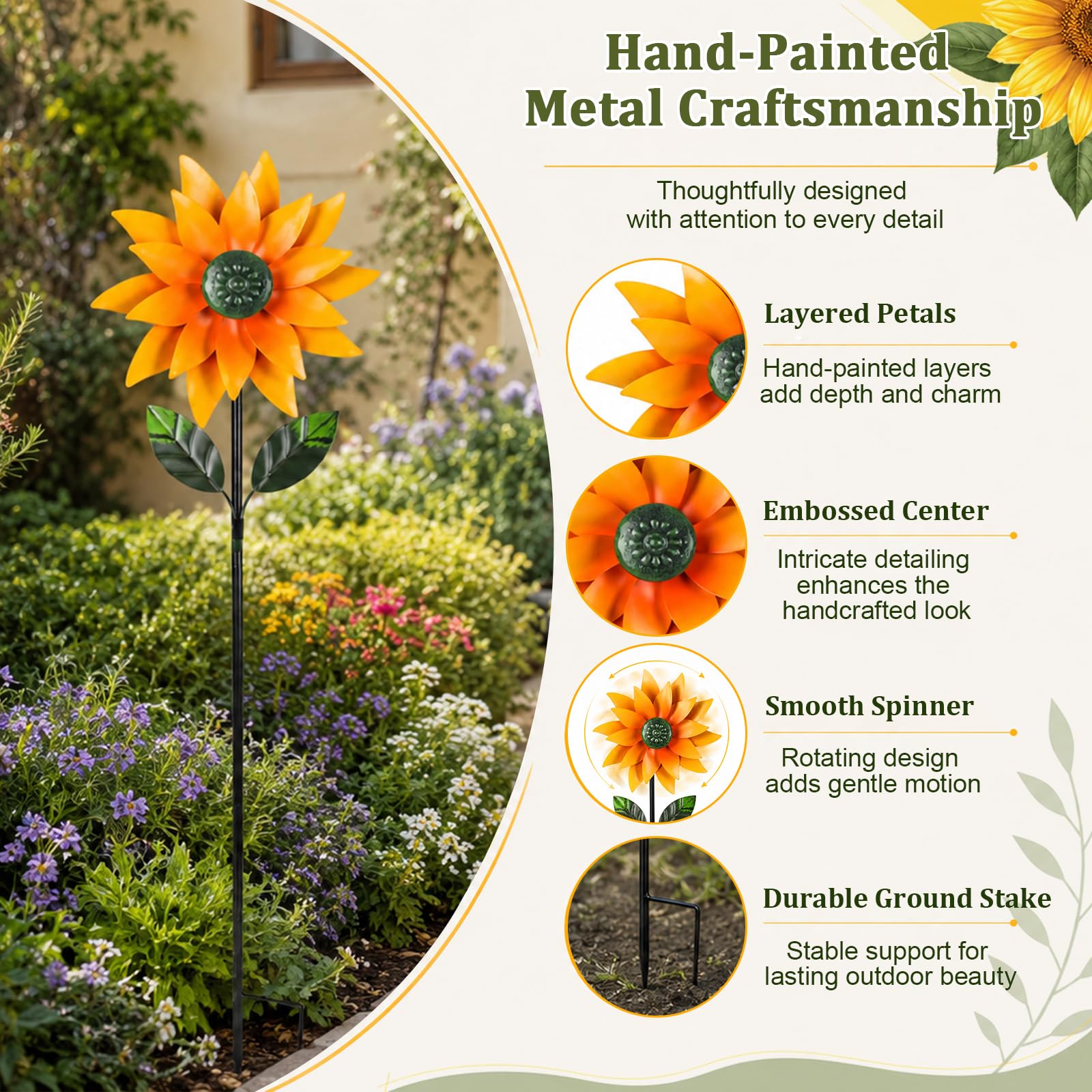 Girandola da Giardino in Metallo, Girandola 3D a Girasole Cinetica, Decorazione da Giardino con Picchetto, 116 cm, Mulino a Vento per Esterno, Prato, Balcone e Terrazza
