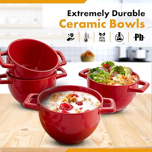 Miniatura 4 de Bruntmor Juego de 4 cuencos de cerámica de 24 onzas con asas 24 onzas grandes de cerámica roja francesa para cocina plato lateral juego de cuencos