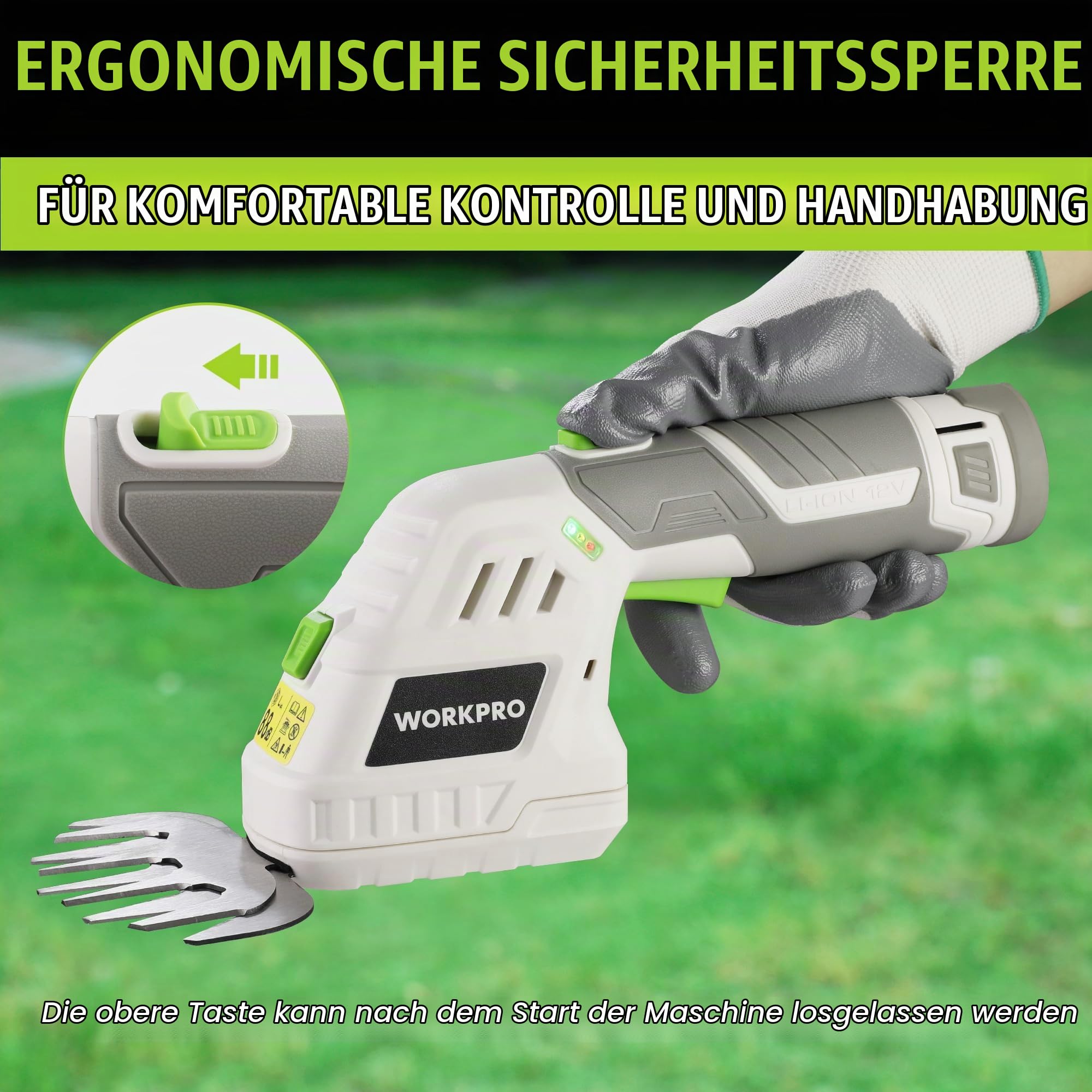 WORKPRO 12V Strauchschere Akku 2-in-1 Weiß, handliche Grasschere mit 2 Messern, 2Ah Akku und Ladegerät, elektrische Heckenschere Rasentrimmer für Gartenarbeit, Schnittbreite 12,5cm, Schnittlänge 16cm | 2 Messern 2Ah Akku und Ladegerät, Heckenschere Rasent