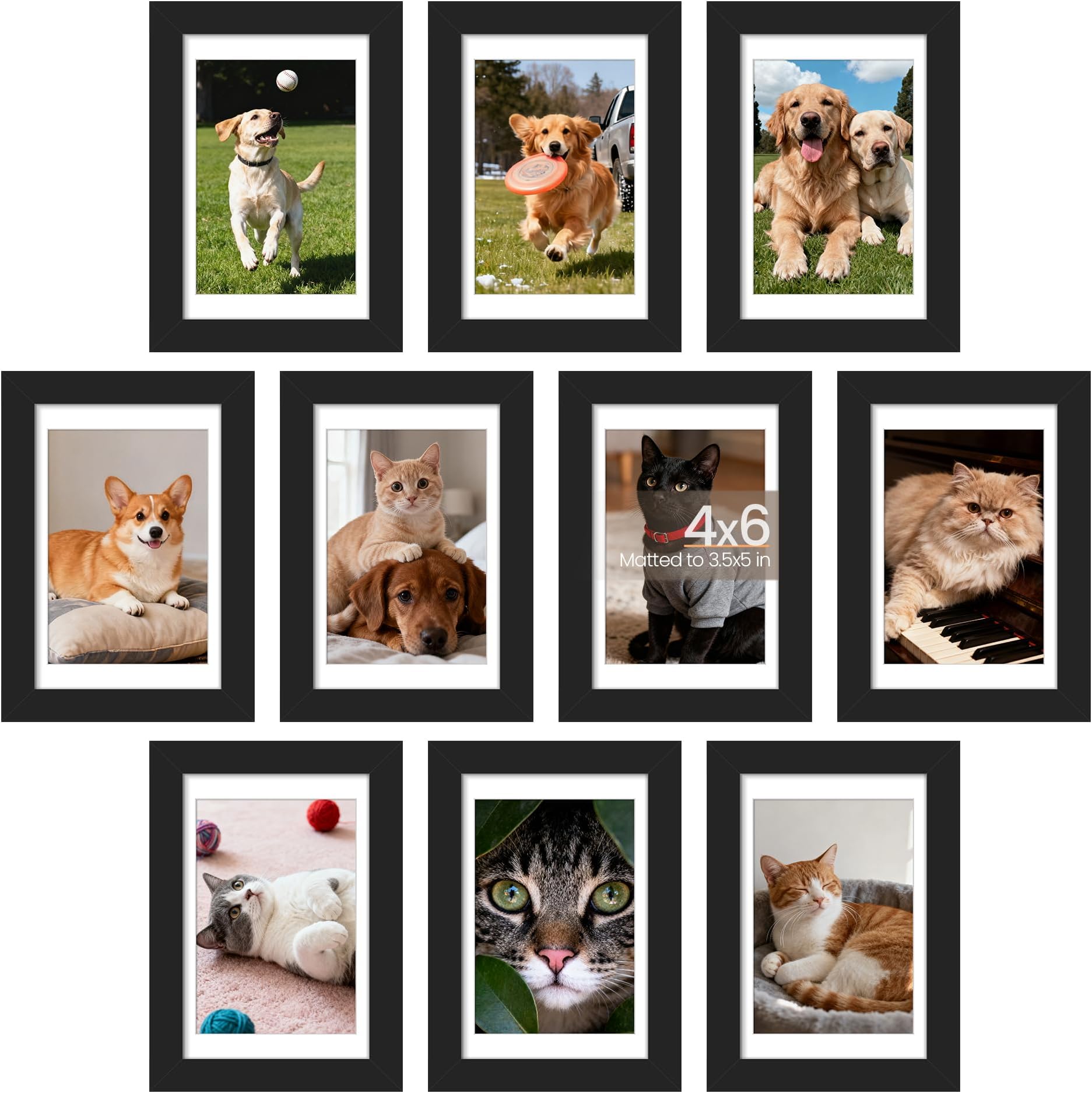 upsimples 4x6 Picture Frame Set of 10, Display Pictures 3.5x5 with Mat or 4x6 Without, Multi Photo Frames Collage for Wall or Tabletop Display, Black