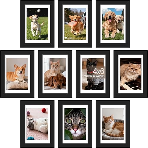 upsimples 4x6 Picture Frame Set of 10, Display Pictures 3.5x5 with Mat or 4x6 Without, Multi Photo Frames Collage for Wall or Tabletop Display, Black