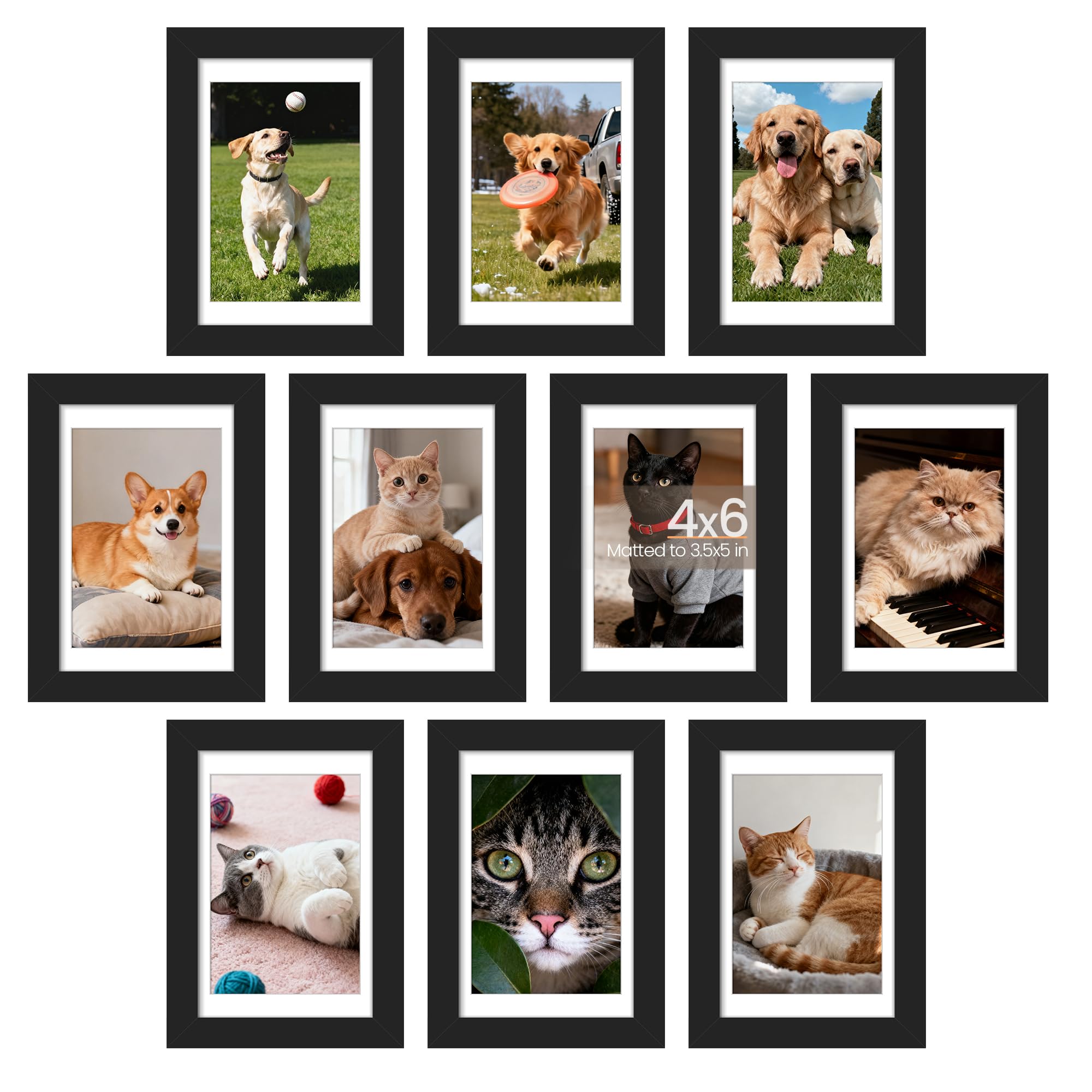 upsimples 4x6 Picture Frame Set of 10, Display Pictures 3.5x5 with Mat or 4x6 Without, Multi Photo Frames Collage for Wall or Tabletop Display, Black