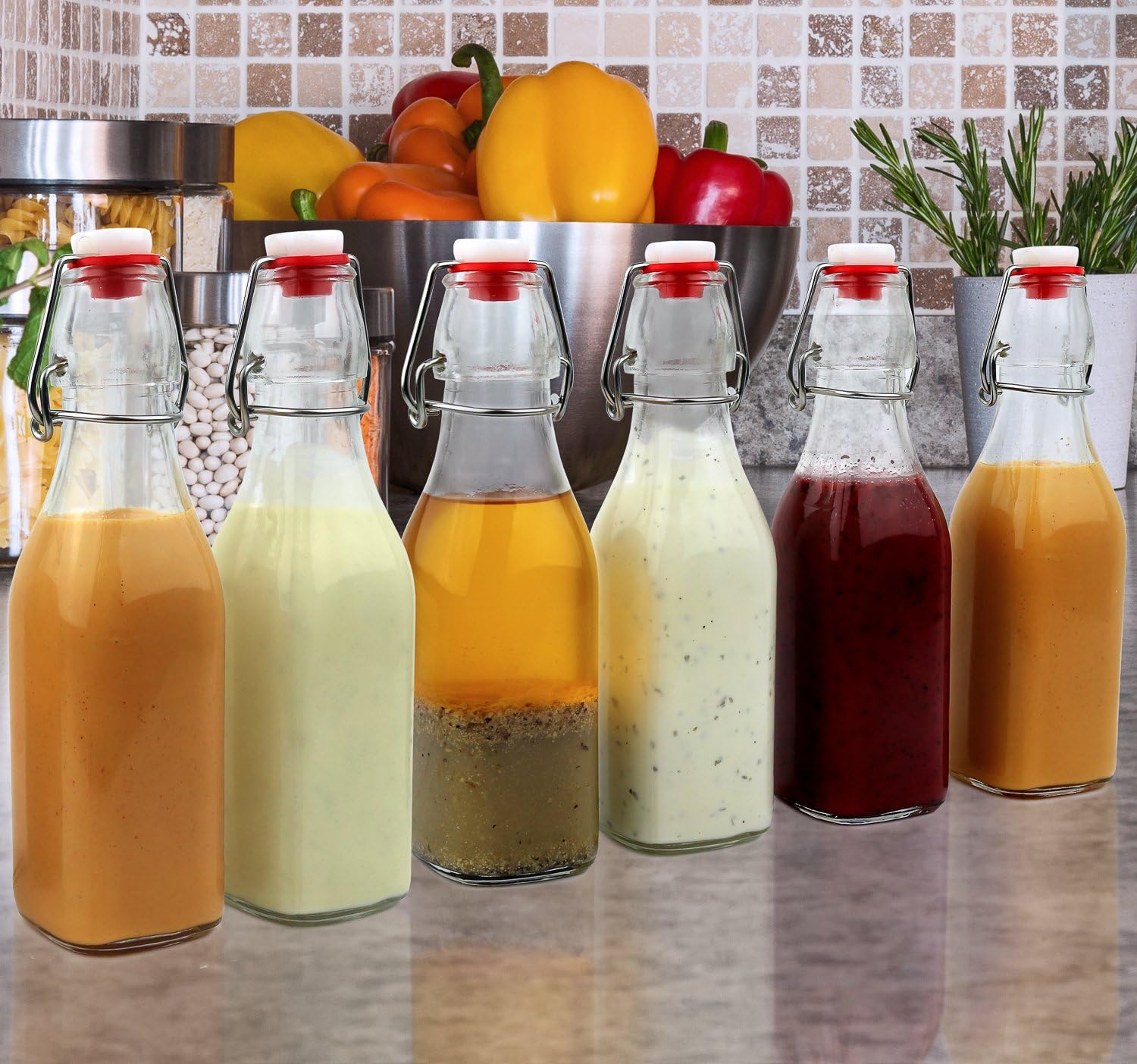 Estilo Easy Cap Glass, Square, 8.5 oz, Set of 6-Clear swingtop bottle, Standard: Home & Kitchen