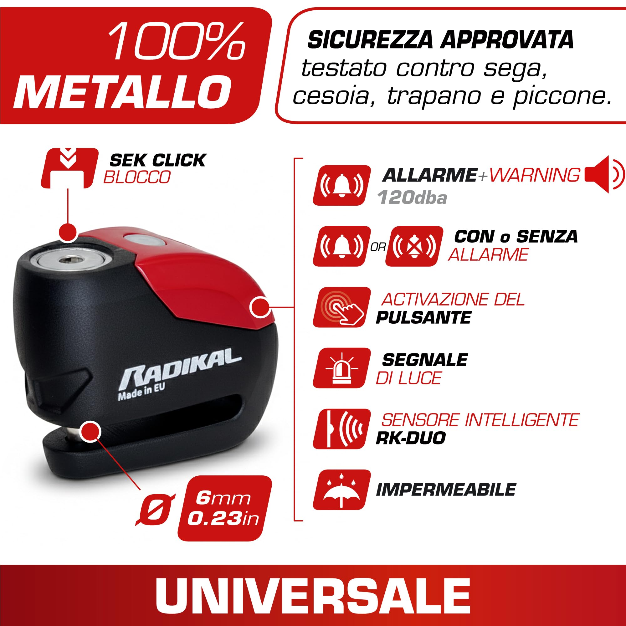 RADIKAL RK9 Blocca Disco Per Moto con Allarme Premium 120dB On/Off Warning LED Più Visibile, Baterria Lunga Durata, Antifurto Scooter, Lucchetto Moto Bloccadisco 6mm Universale, 100% Metallo, Rosso