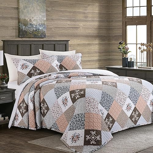 Miniatura 2 de HOMBYS Juego de colcha extragrande de 132 x 120 pulgadas, juego de edredón de retazos florales extra grande, juego de ropa de cama de 3 piezas,