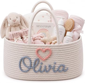 JUPPE Personalized Baby Show Gift Basket with Name, Custom Diaper Bottles Cotton Rope Storage Organizer Baby Shower Basket Nursery Decor Newborn Gifts Style 1