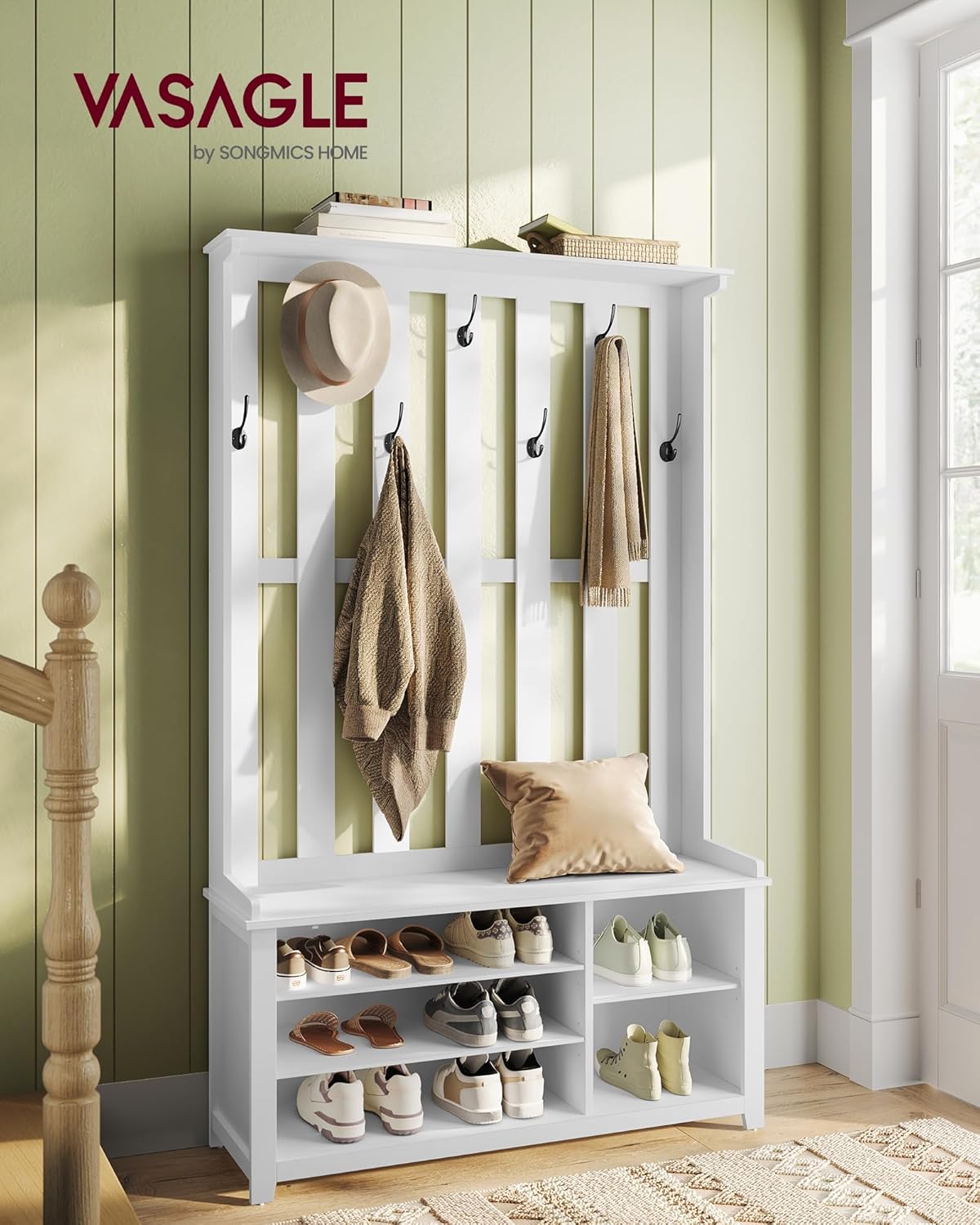 VASAGLE Hall Tree with Bench and Shoe Storage, Coat Rack with Shoe Bench, 7 Double Hooks for Jackets, Hats, Entryway, Bedroom, Living Room, 13.8 x 31.9 x 70.9 Inches, Matte White UHSR414WB01S