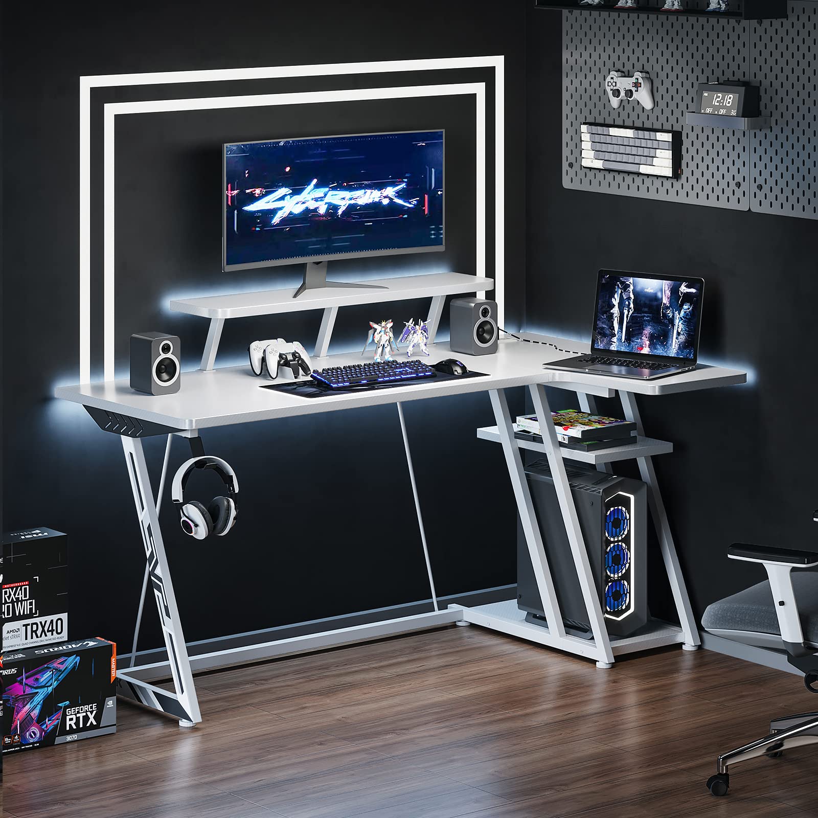 MOTPK Gaming Desk L Shaped, Small Corner Desk with Storage Shelf & Power Outlets, Computer Desk with Monitor Shelf, L Shaped Desk with Carbon Fiber Surface, Gamer Desk Gaming Table, White, 55 Inch