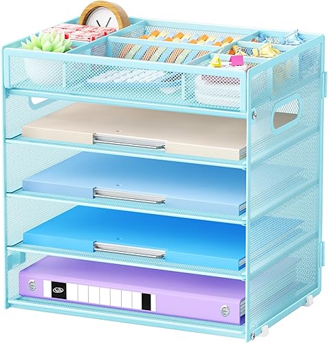 Miniatura 10 de Marbrasse Bandeja organizadora de papel, organizador de archivos de malla de 5 niveles con asa, organizador de escritorio clasificador de papel