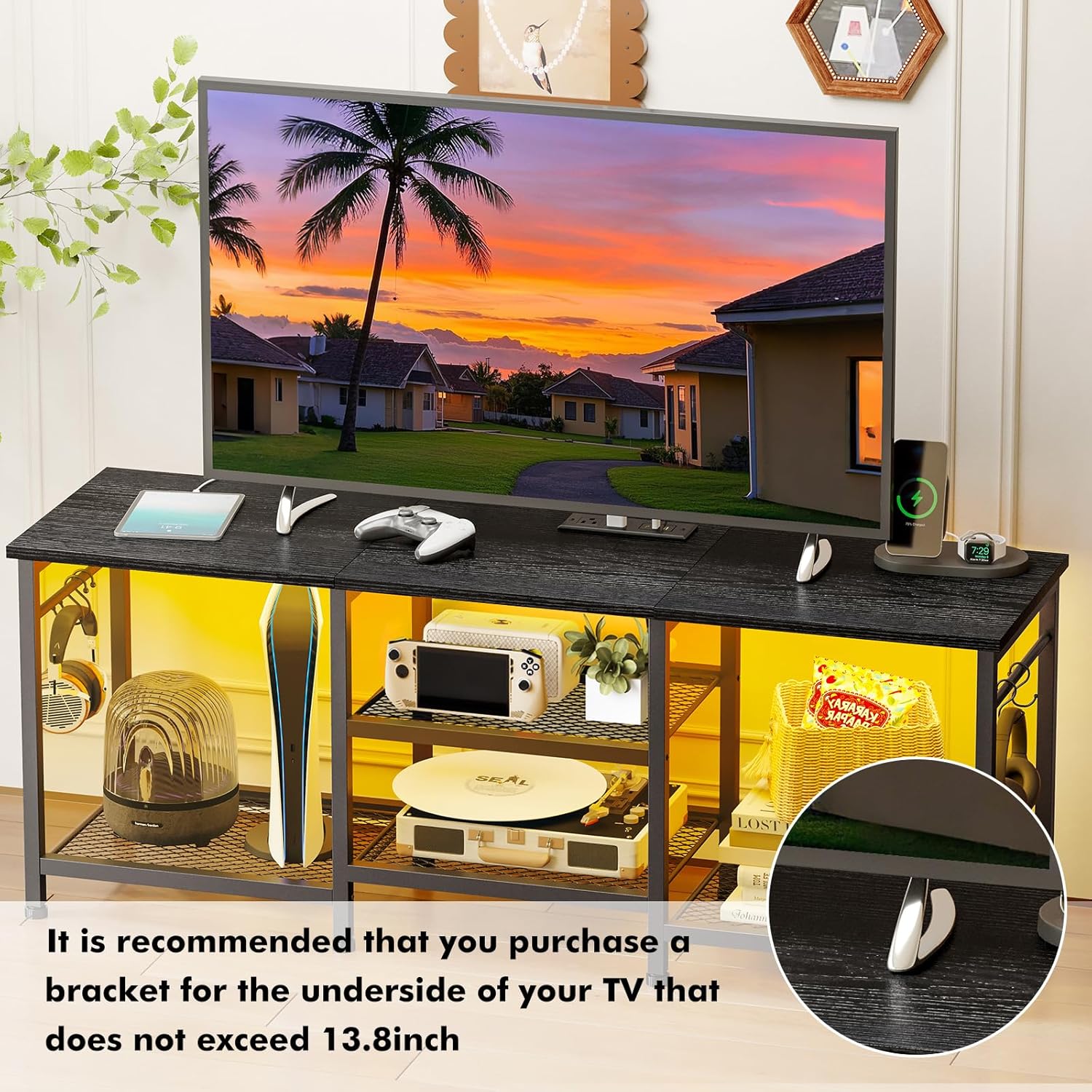 YGEOMER Black TV Stand Entertainment Center for 55 Inch TVs, with Charging Station and Lights Open Storage Shelves, TV Media Console, Open Storage Shelf with Sound Rack for Living Room, Bedroom