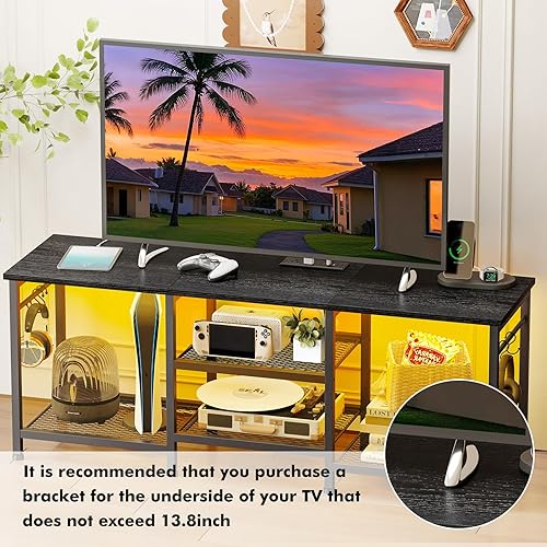 Miniatura 6 de YGEOMER - Soporte de TV negro Centro de entretenimiento para televisores de 55 pulgadas, con estación de carga y luces, estantes de almacenamiento