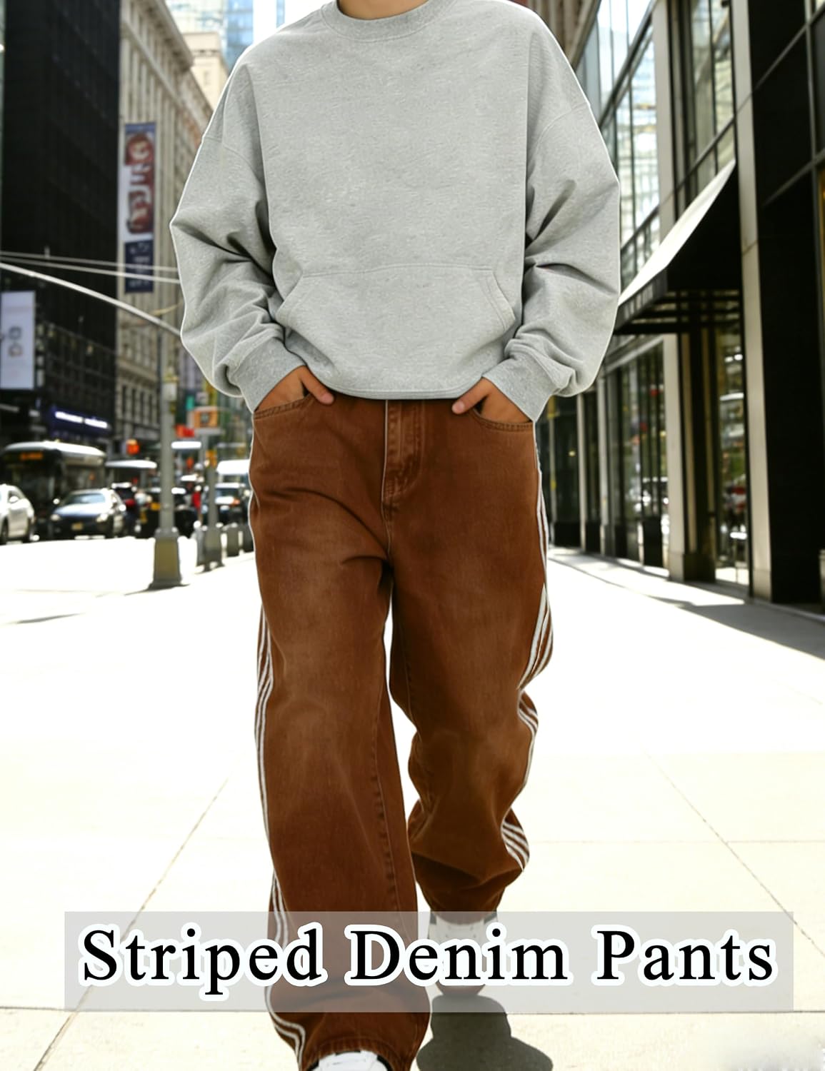 Mens Baggy Denim Jeans Casual Striped Pants Straight Wide Leg Jeans Oversized Hip Hop Pants Vintage Skater Track Jeans