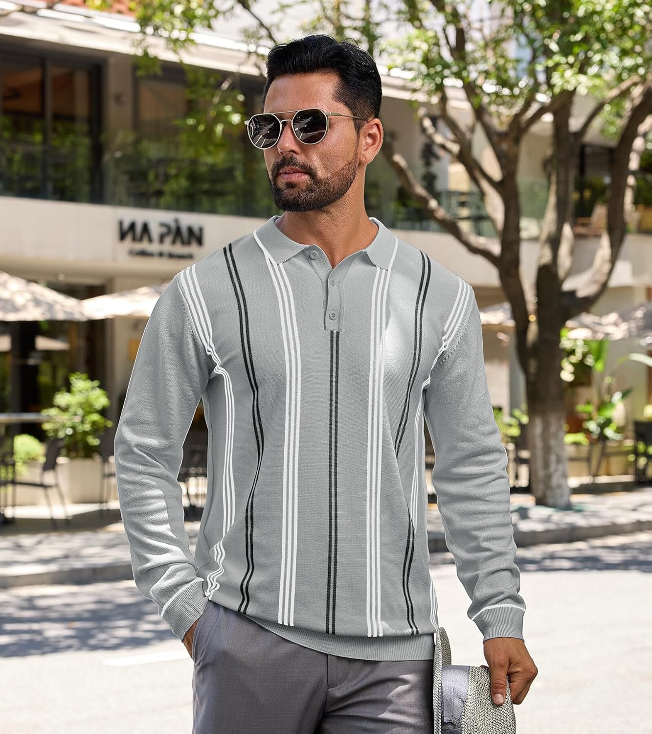 Lexiart Mens Knit Polo Shirt Striped Dressy Thermal Basic Button Collar Long Sleeve Sweater - Image 6