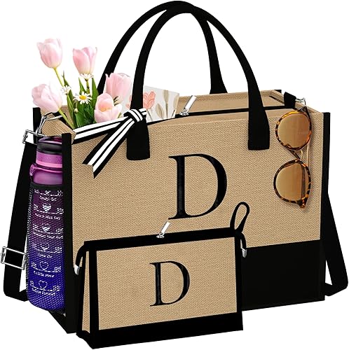 Bolsa de yute con inicial, bolsa de playa de arpillera, regalos de cumpleaños personalizados para mujeres, profesores, mamá, regalos de dama de honor