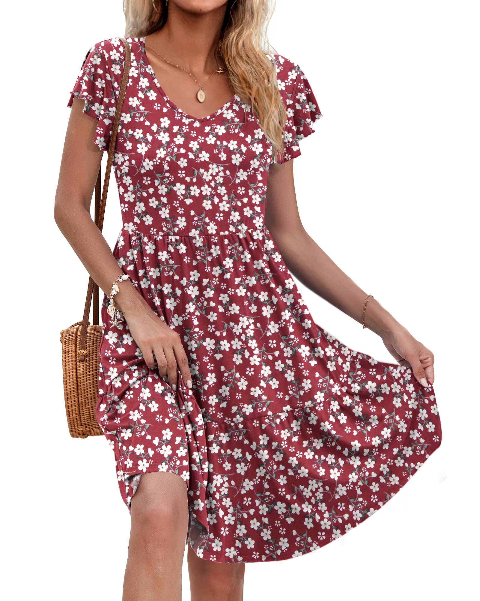 AUSELILY Damen Sommerkleid Rüschen Kurzarm Elegante V-Ausschnitt Kleider Swing Knielanges A-Linie Freizeit Strandkleid Gestuftes Kleider mit Tasche