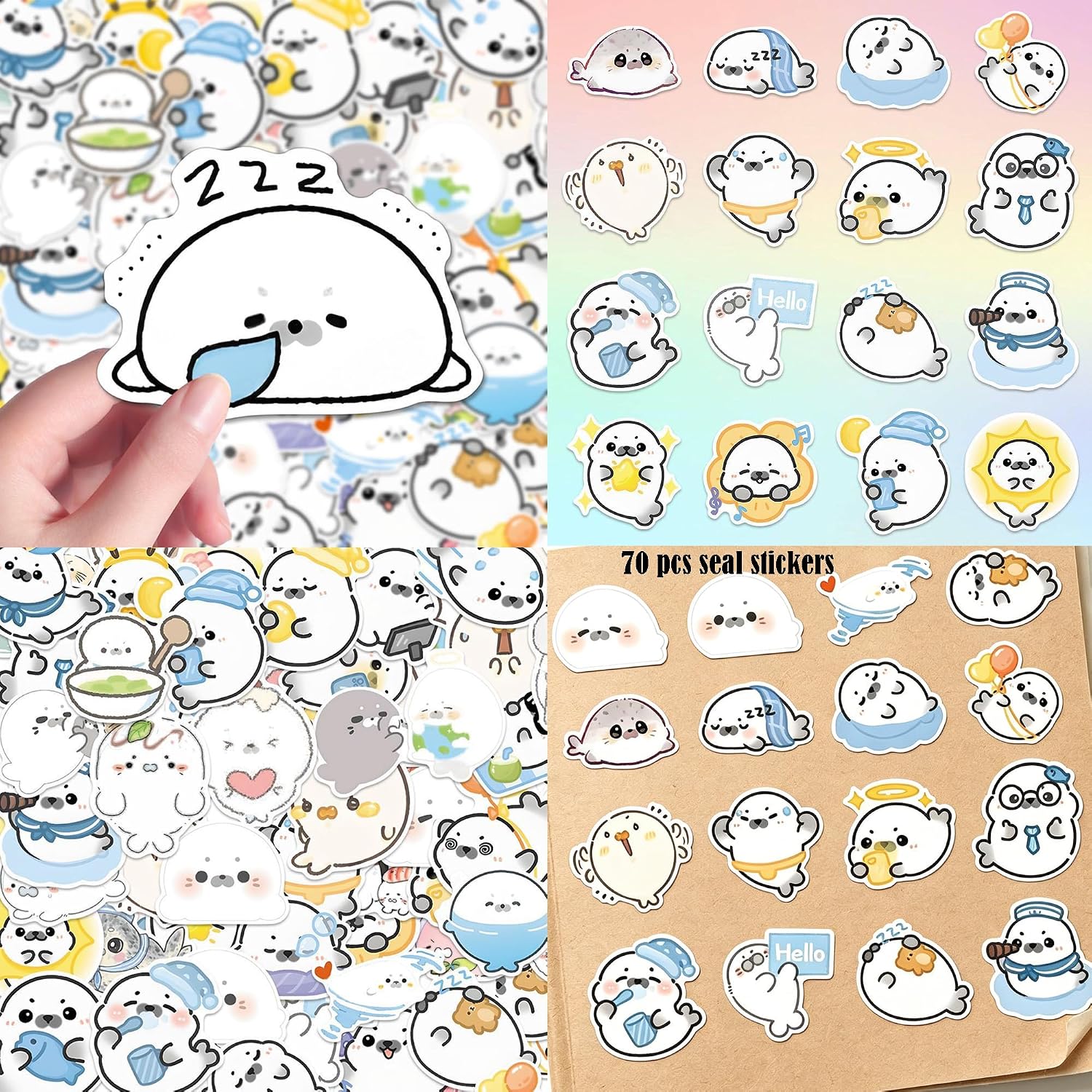 Cute Seal Pencil Case Set, Blue 12-Layer Large Pencil Case,Gel Pens, Pencil,Brooch,Stickers, Sticky Note,Greeting card and Plush Seal Keychain.