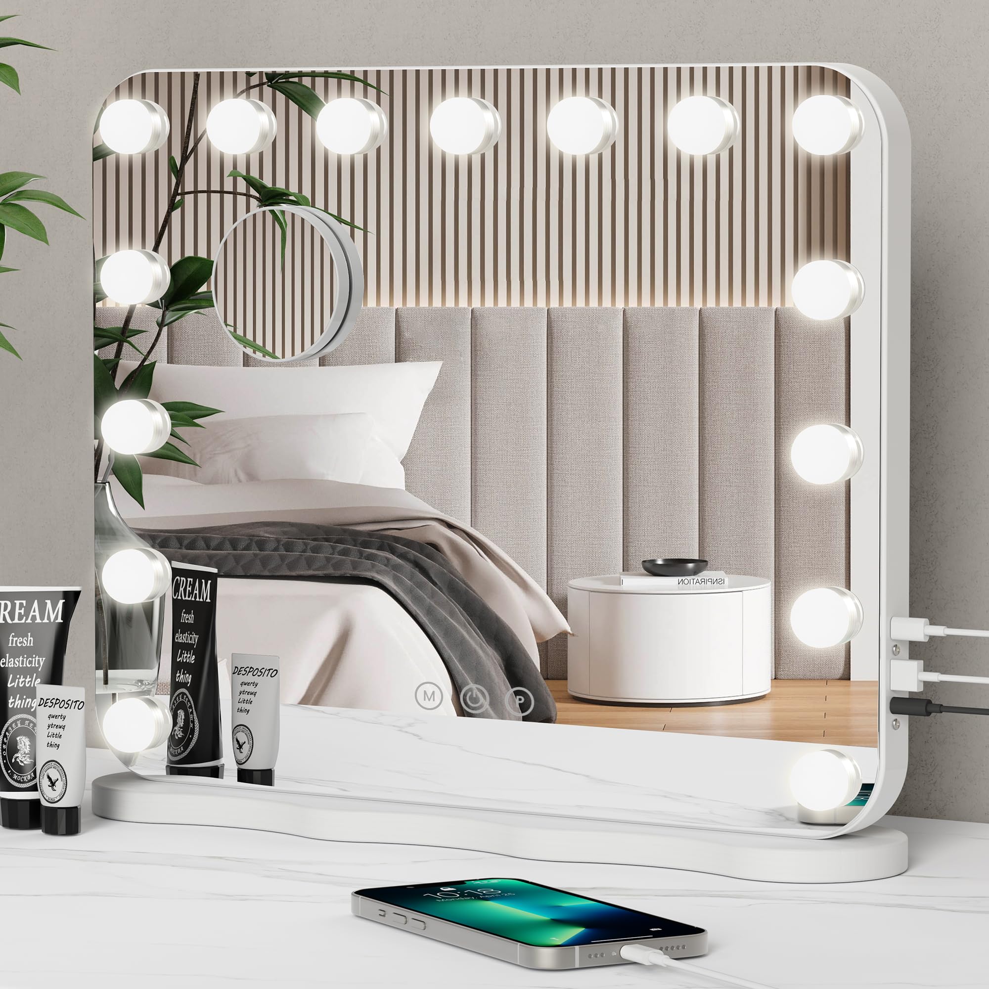 Miroir Hollywood LED Miroir de Maquillage 14 Ampoules Dimmables 3 Modes Éclairage Commande Tactile Sortie USB Type-C Table Murale