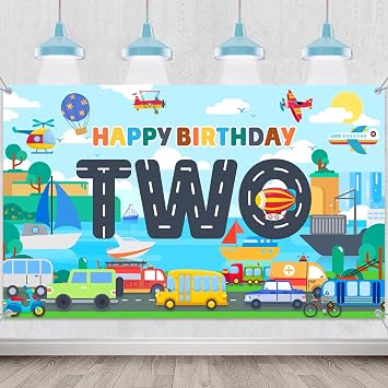 Transportation 2nd Birthday Banner Backdrop - Transport Themed Party Decoration and Car Party Supplies for Boys, Fun Vehicle Theme Fabric Backdrop 5.9x3.6ft for 2-Year-Old Birthday