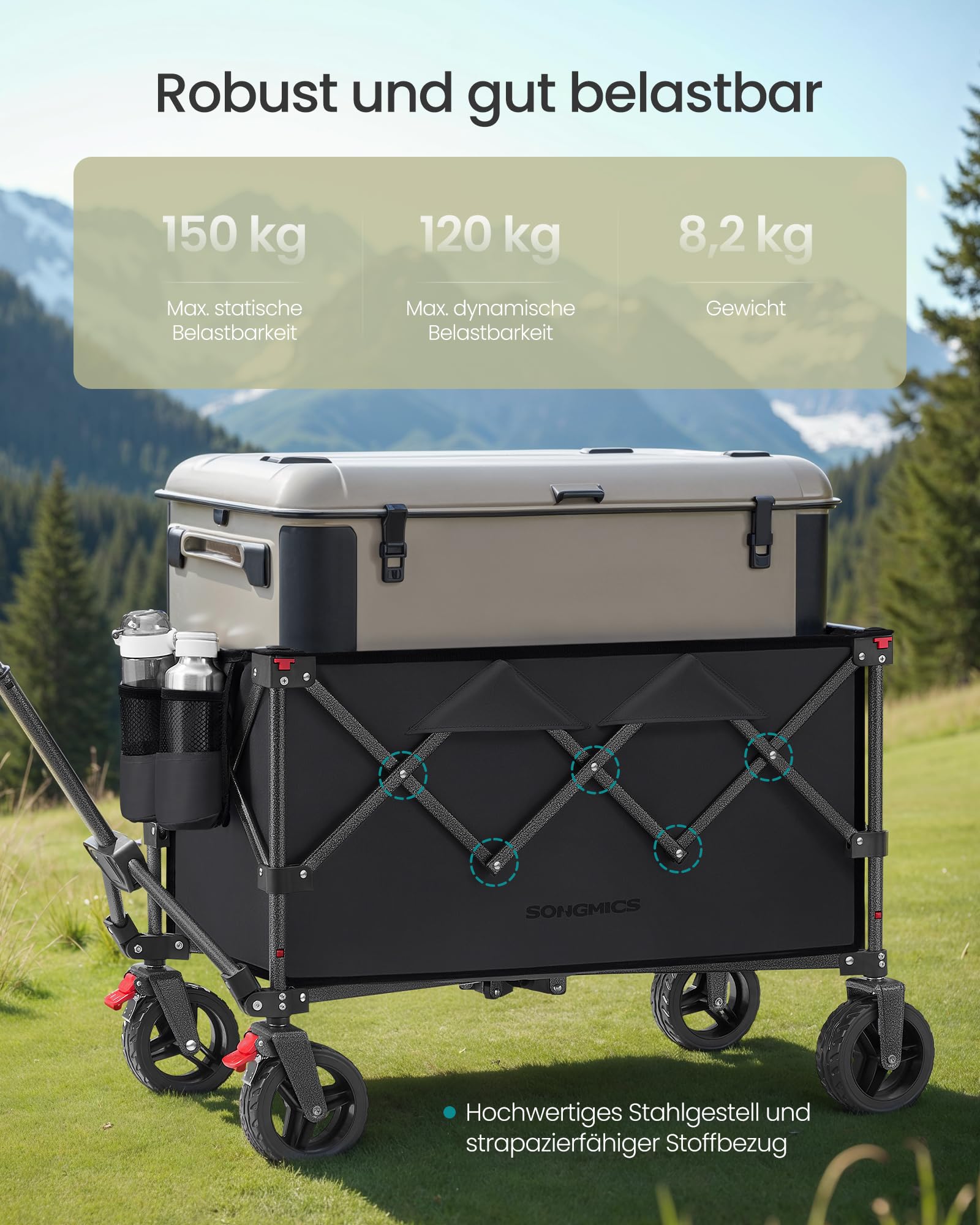 SONGMICS Handwagen faltbar, Bollerwagen, Gartenwagen, Campingwagen mit Griff, 4 abnehmbaren Rollen, platzsparend, Outdoor, Garten, 150 L, bis 150 kg belastbar, tintenschwarz GFW115B01