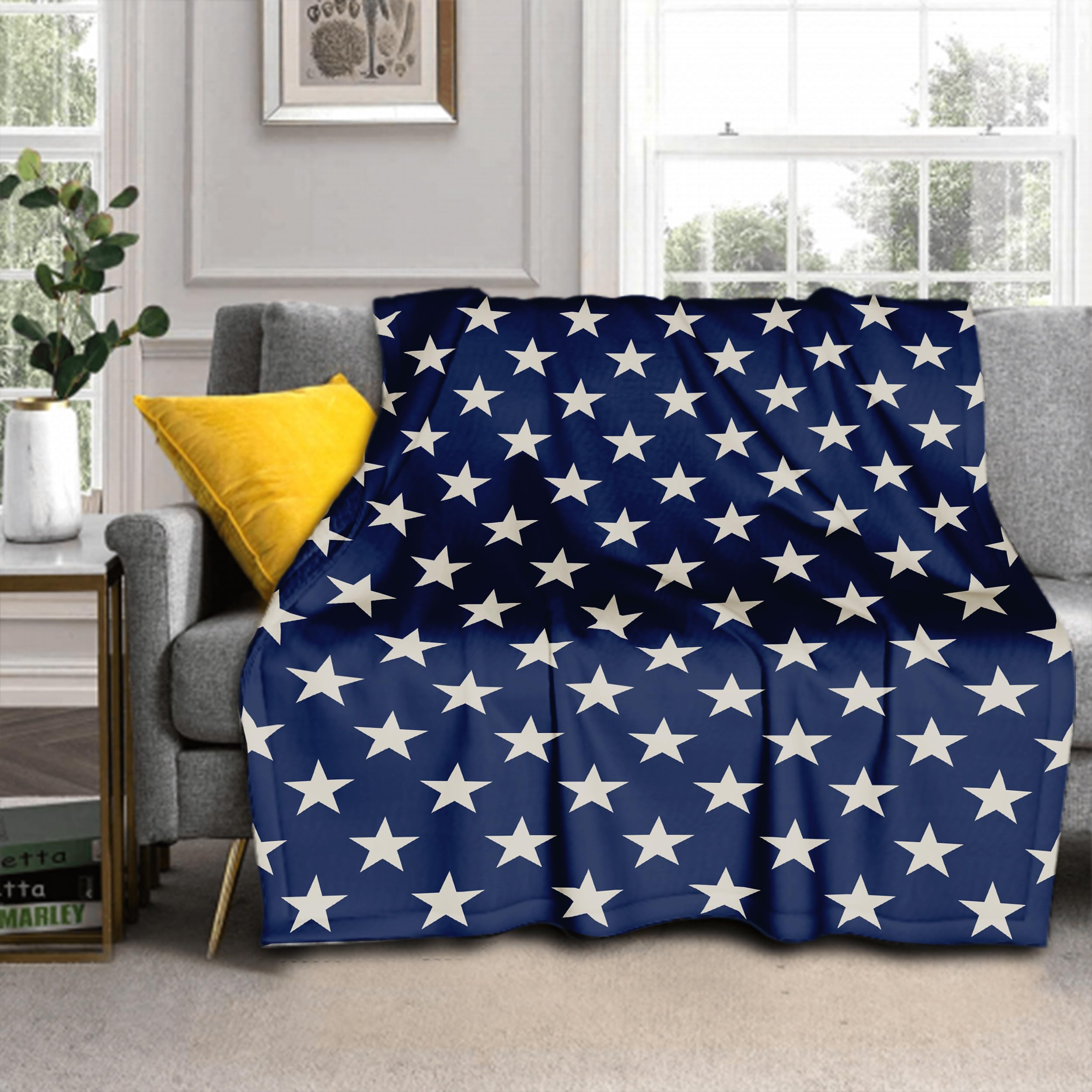 Patriotic 4th of July Throw Blanket 60"x50" Blue Star Print Memorial Independence Day Blanket Lightweight Warm Soft Blanket Farmhouse Seasonal Holiday