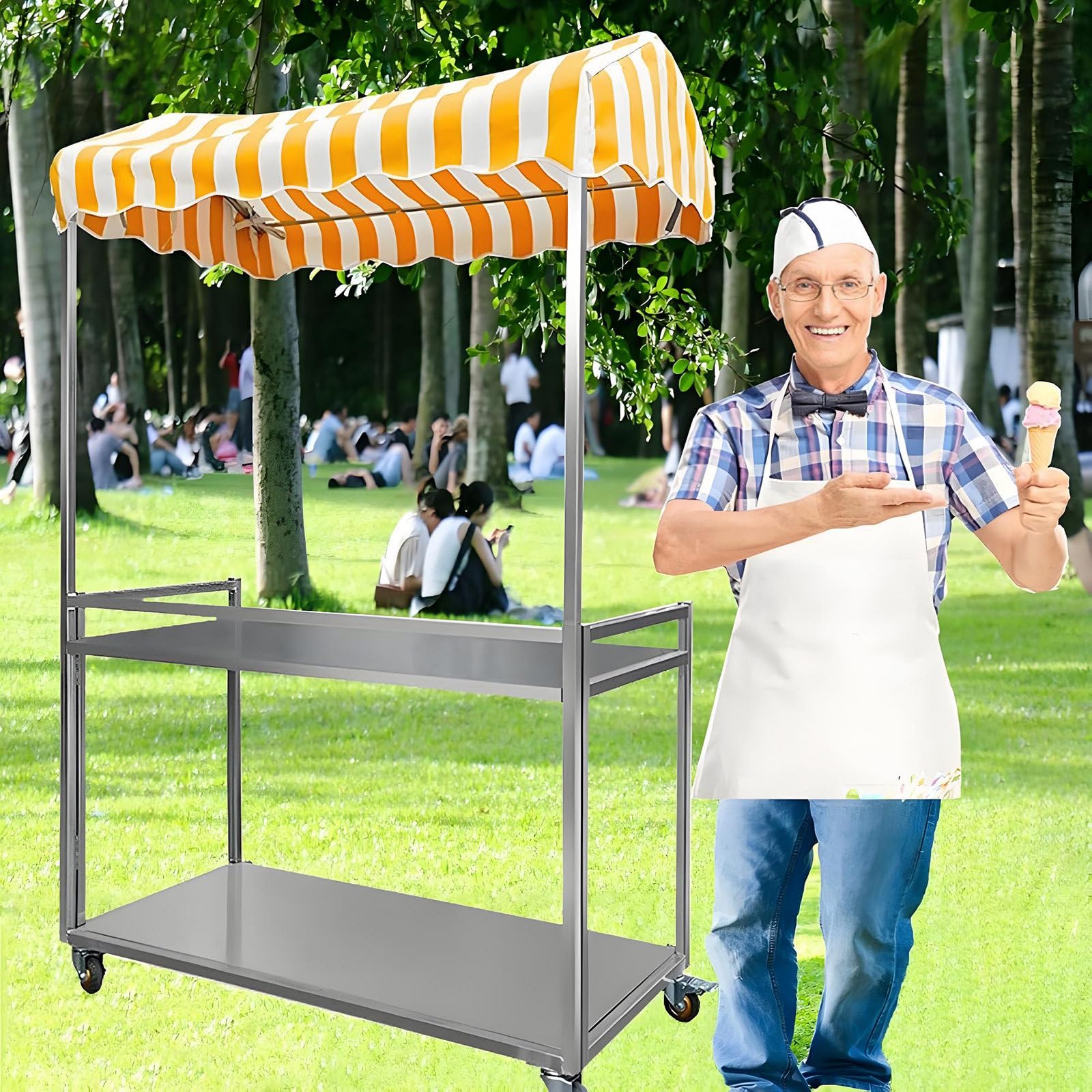 Carrello per catering mobile pieghevole in metallo, espositore per bancarelle di mercato portatile a 2 livelli, carrello per stand di concessioni alimentari con ombrellone e ruote Orange-100*50cm