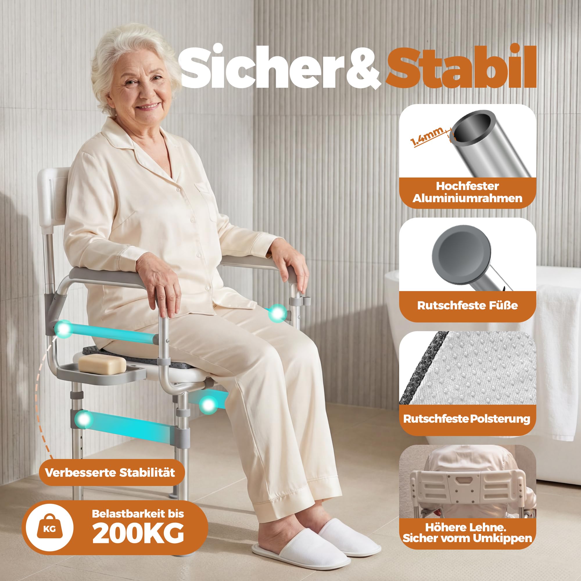 Duschstuhl klappbar Senioren mit Armlehnen, Duschkissen, bis 200 kg, XXL | Duschhocker mit Rückenlehne, 6-fach höhenverstellbar, extra breite Sitzfläche, erhöhte Sitzhöhe für Dusche und Badewanne