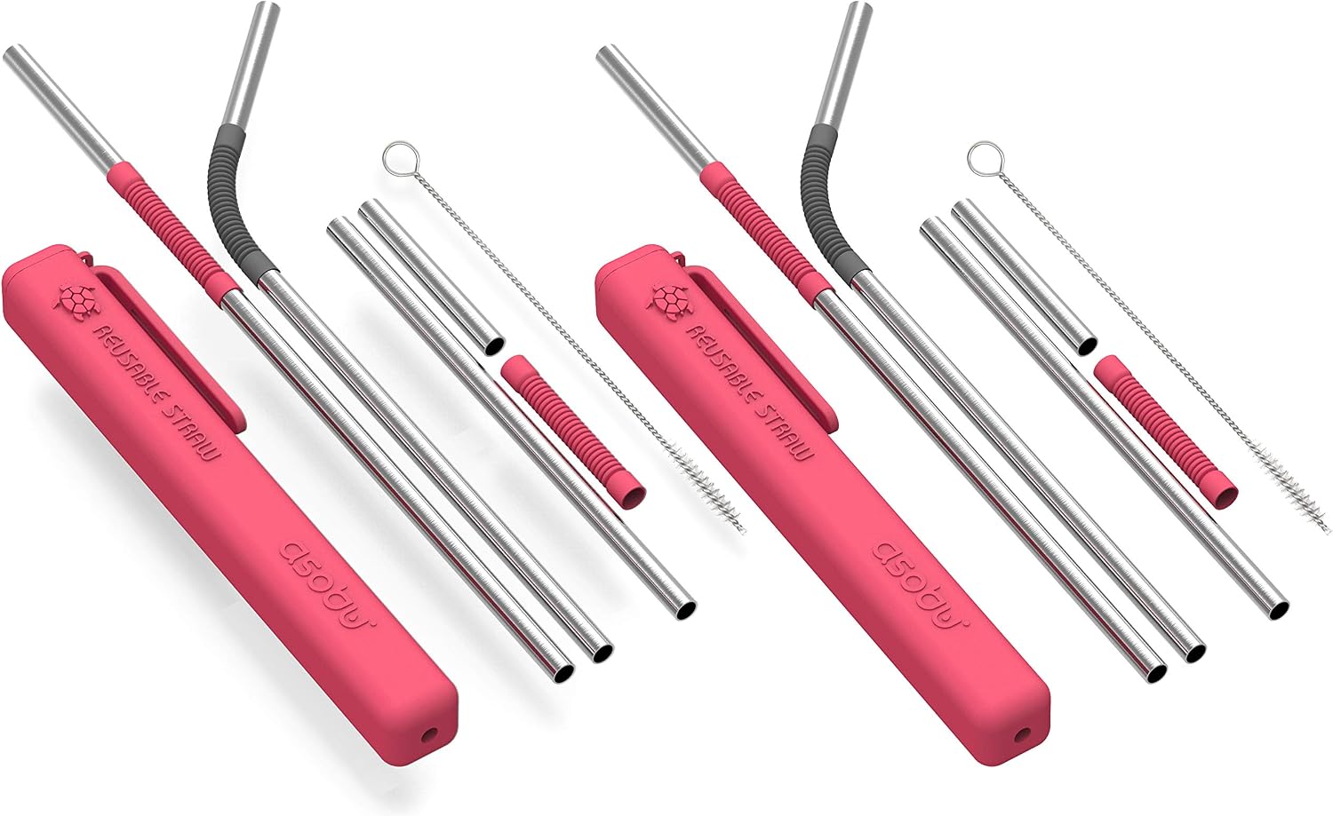Asobu Reusable Metal and Silicone Straw with Cleaning Brush and Case (Red Black 2)