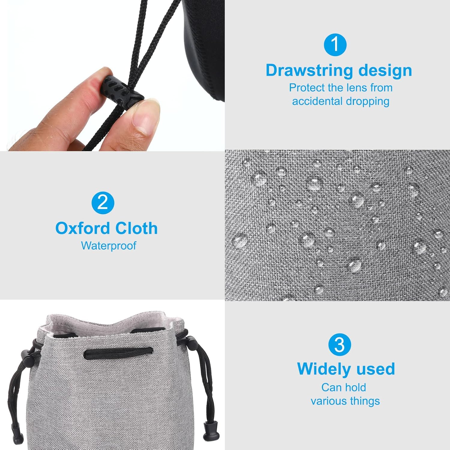 PATIKIL Soft Drawstring Lens Case, Lens Pouch Bag with Cotton Pad 5.91" x 3.94" Thick Fleece Cloth Camera Lens Bag for SLR Lens Water Cups, Grey