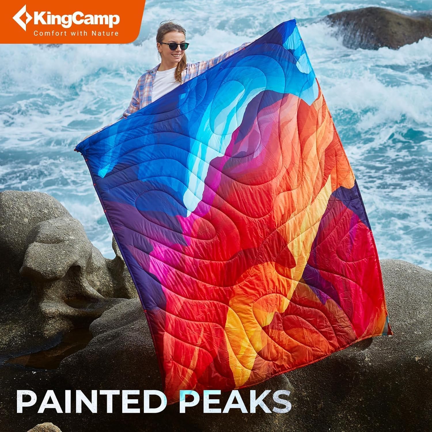KingCamp Ultralight Camping Blanket, Packable Down Alternative Puffy Printed Wearable Blanket with Snap Buttons & Corner Loops Weatherproof Quilt for Outdoor Travel Stadium (78.7"L x 57.1"W, PEAK)