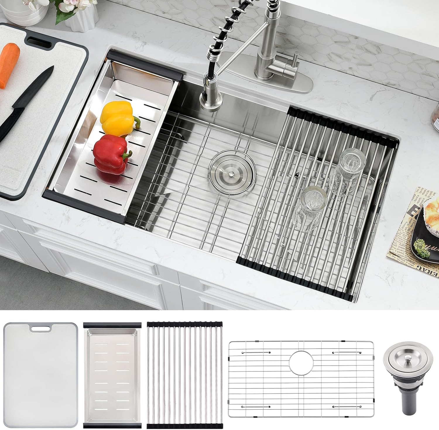 WHaor 30 Inch Undermount Kitchen Sink, 30x19 Stainless Steel Single Bowl Workstation 16 Gauge Handmade 10" Deep Modern Under Counter Sink with Accessories