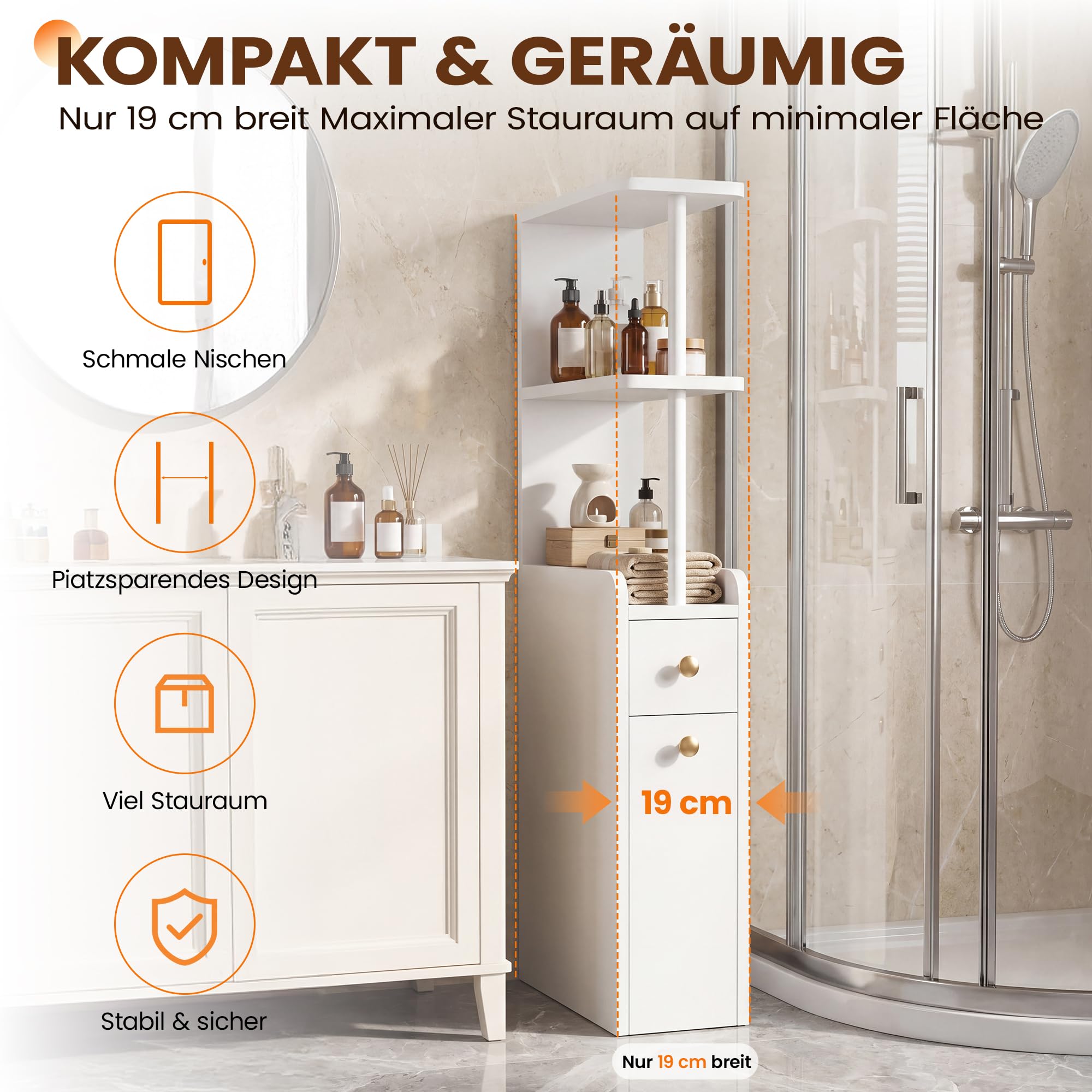 APICIZON Badschrank Schmal, Nischenschrank Badezimmer mit Schublade auf Rollen, 19x45x113 cm Badezimmerschrank mit Offenen Ablagen, Toilettenschrank für WC, Seitenschrank Mehrzweckschrank, Weiß
