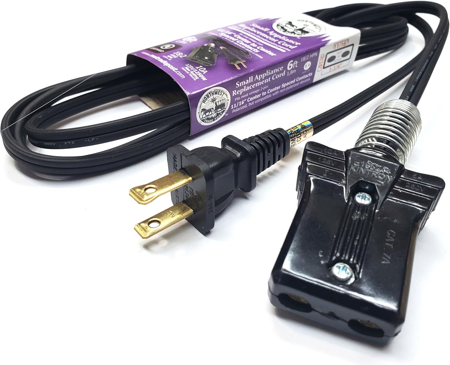 Small Appliance Replacement Power Cord for Vintage Toaster Waffle Iron Coffee Percolator Urn Frying Pan and Many Appliances with Round or Flat 11/16" Spaced Contact 2 Pins