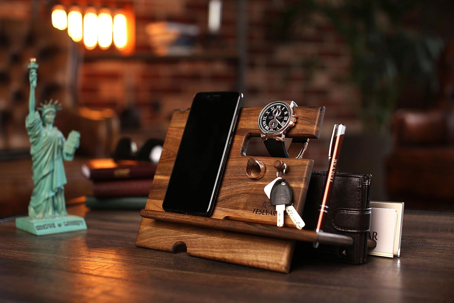 Up To 40% OFF TESLYAR Natural Walnut Wood Phone Docking Station Key Hooks Holder Wallet Stand Watch Organizer Men Christmas Gift Husband Anniversary Birthday Nightstand Purse Tablet Boyfriend Father Graduation Male