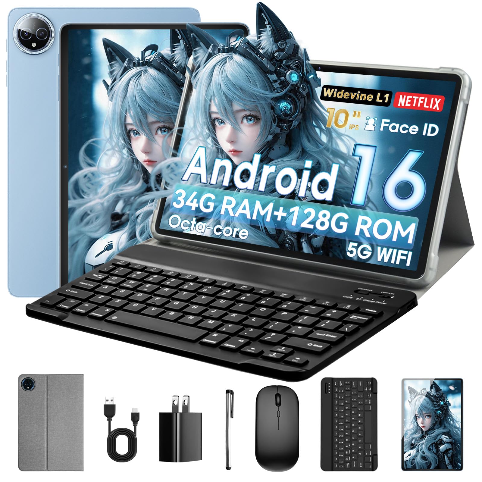 Tablette 10 Pouces, Tablette Android 15 avec Étui, Souris & Clavier, Octa-Core, 24 Go RAM + 128 Go ROM + 1 TO TF, Écran IPS HD 1280x800, Caméra Double, 6000mAh, WiFi 6, BT 5.0, Widevine L1, GPS (K80)