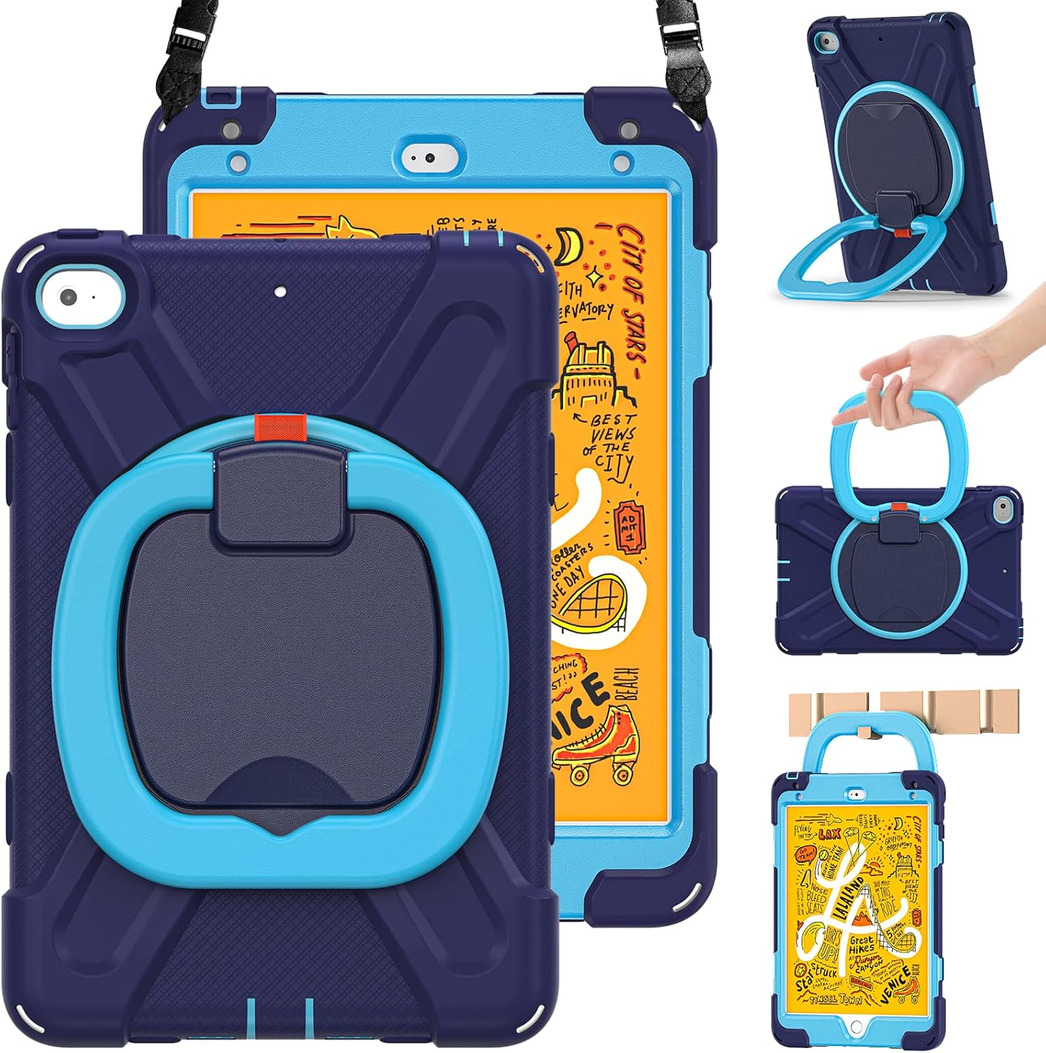 BRAECN Case for iPad mini 5th/4th Generation-Heavy Duty Full Body Protective Rugged Case with Pencil Holder,Kickstand,Hand Grip,Carrying Holder for iPad mini 5(2019),Mini 4(2015) 7.9 Inch, Navy+Blue