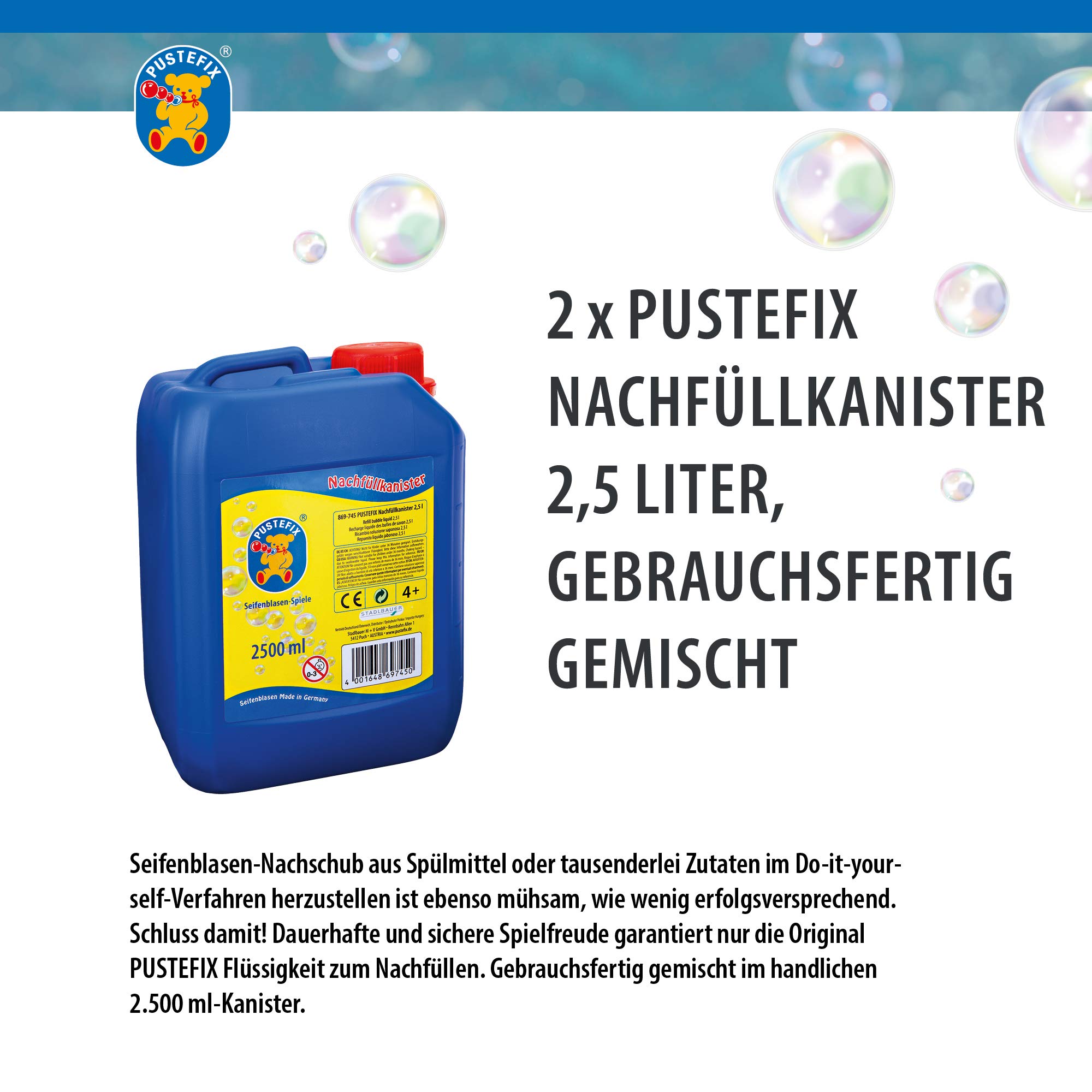 PUSTEFIX Bolle colorate prodotte in Germania, 2 x 2,5 l, per matrimoni, compleanni dei bambini, feste estive, bolle di sapone colorate per bambini e adulti