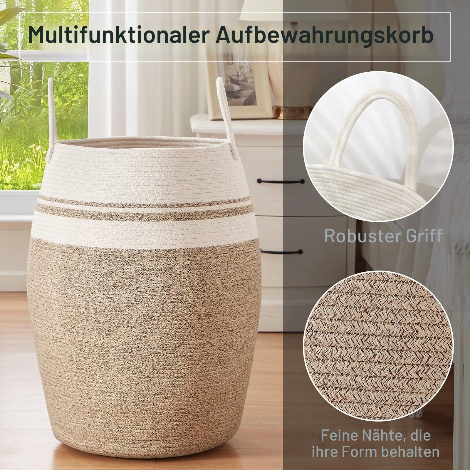 OIAHOMY Wäschekorb Groß 65 x 39 x 39cm Aufbewahrung Korb Geflochten aus Baumwolle Seil für Schmuzige Kleidung in der Waschküche