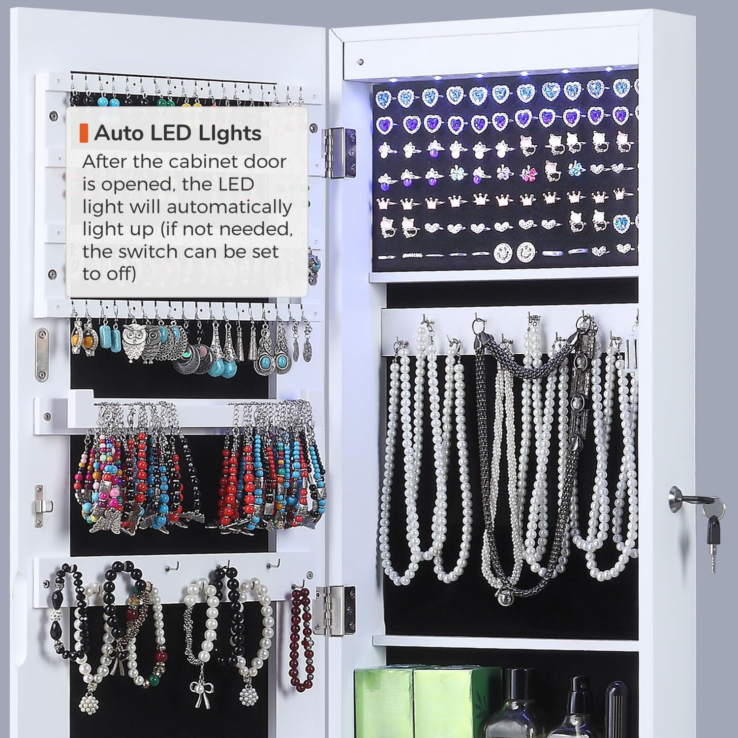 GISSAR Full Length Mirror Jewelry Cabinet, 6 LEDs Jewelry Armoire Wall Mounted Over The Door Hanging, Jewelry Organizer Display Storage Furniture with Lights Locker Mirrored Cabinet, 39.4" H, White