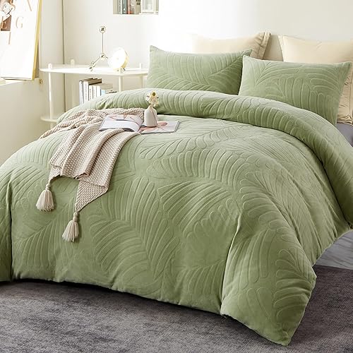 MorroMorn Queen Duvet Cover Set, 3 PCS Boho Bedding Sets Luxury Plush 3D Embossed - 1 Fluffy Comforter Cover 2 Pillowcases, Ultra Soft Lightweight Blanket for Men Women (Sage Green, Full/Queen)