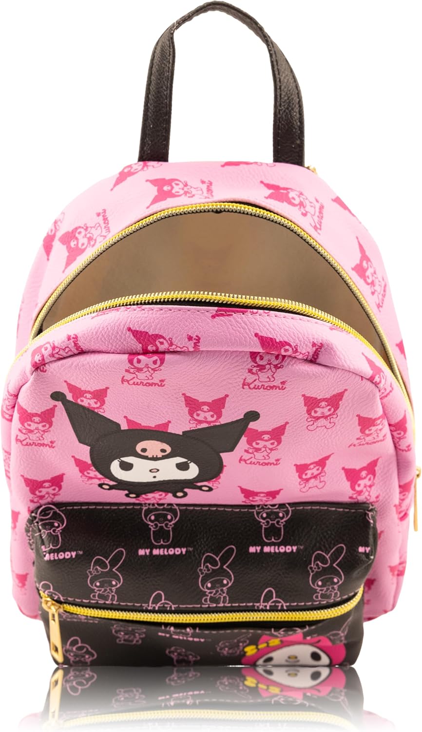 Fast Forward Sanrio Kuromi and My Melody Mini Backpack for Girls | PU Leather Daypack Backpack Featuring Kuromi and My Melody | Small Travel Bag, Lightweight Backpack | Ages 3+